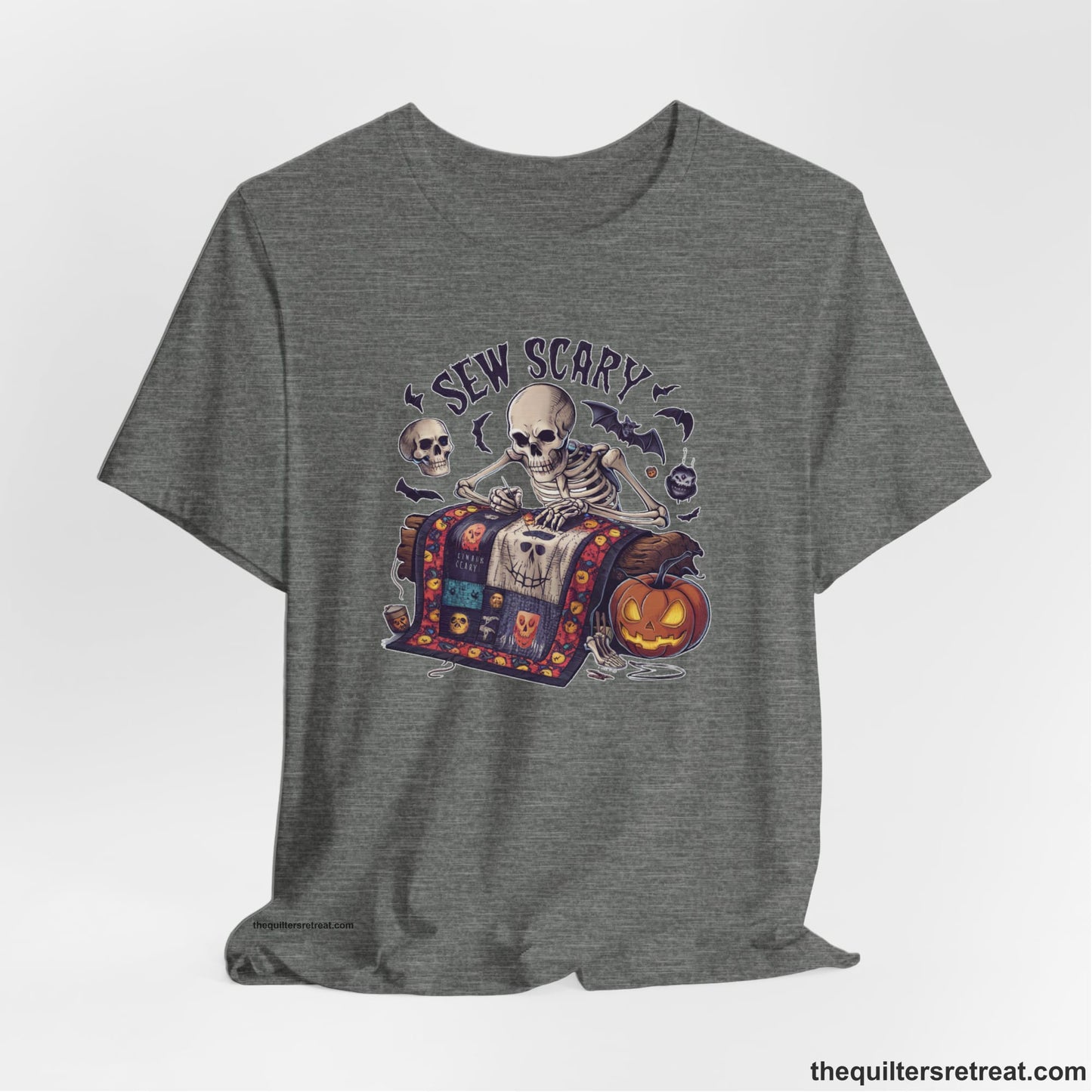 A Deep Heather Short Sleeve T-Shirt with a skeleton quilting with spooky accents and "Sew Scary" text in a Halloween theme