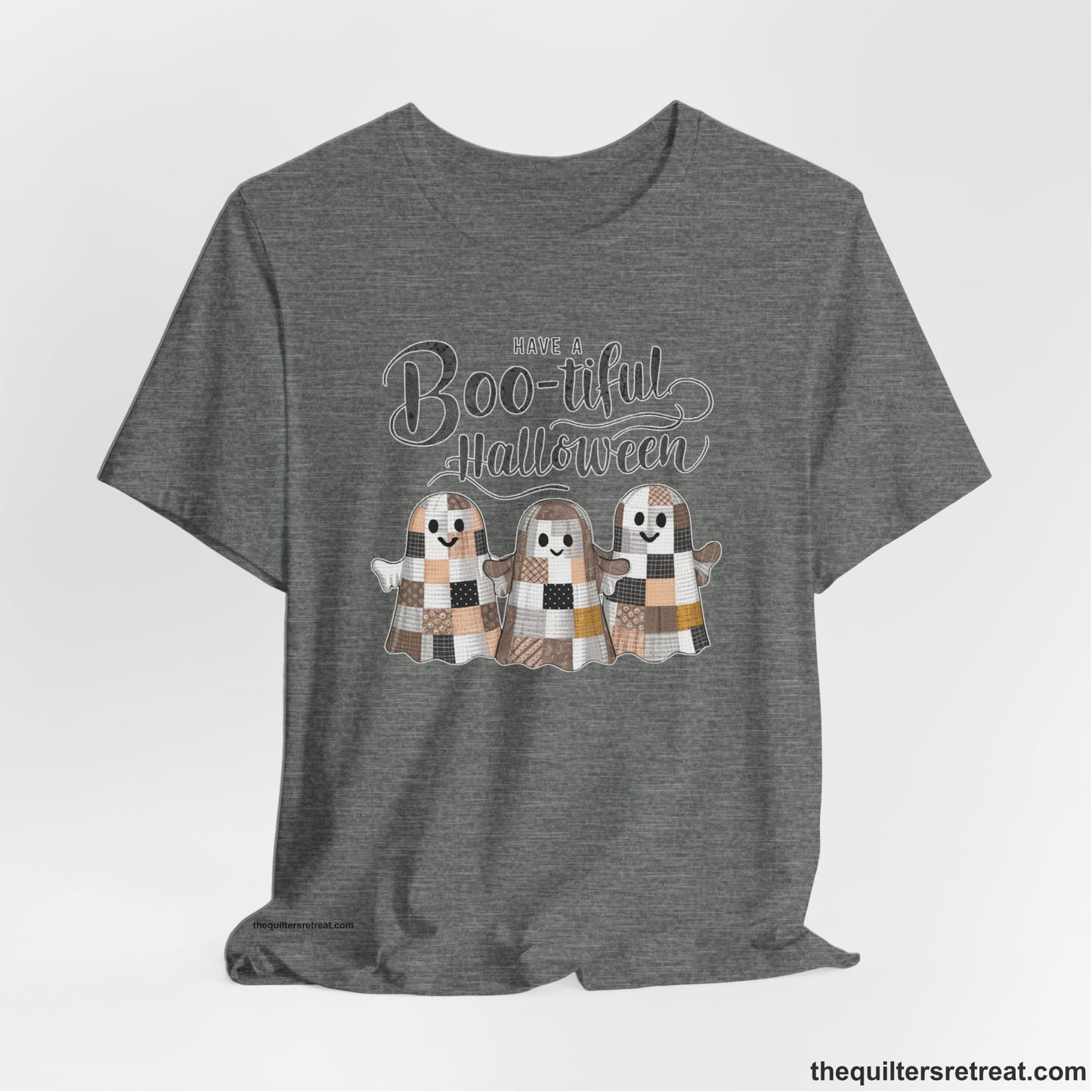 A Deep Heather Short Sleeve T-Shirt with a cute patchwork ghosts with "Boo-tiful Halloween" text in a playful style