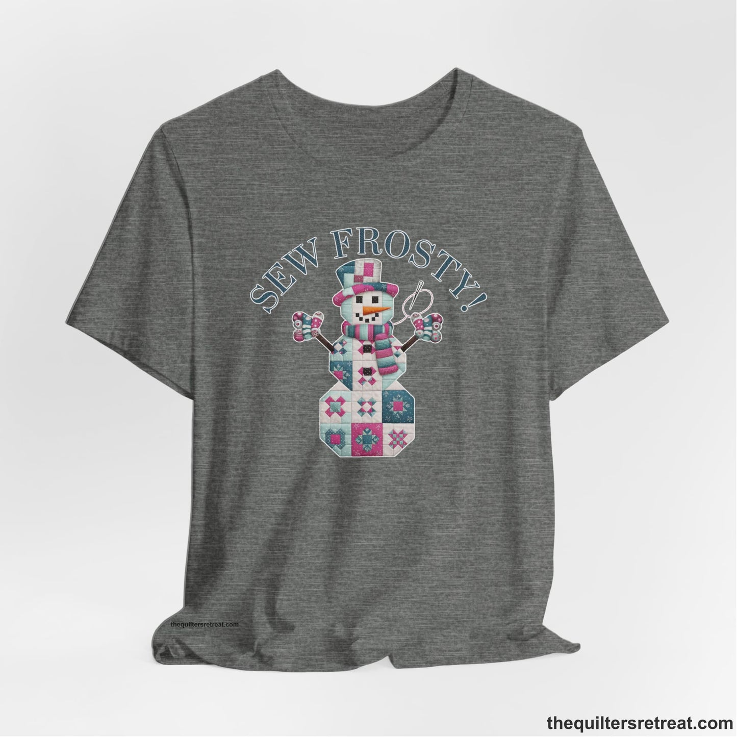 A Deep Heather Short Sleeve T-Shirt with a snowman quilt pattern with "Sew Frosty!" text in a crafty style