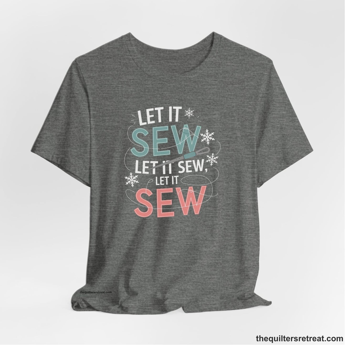 A Deep Heather Short Sleeve T-Shirt with a bold "SEW" text with needle and thread in a modern style