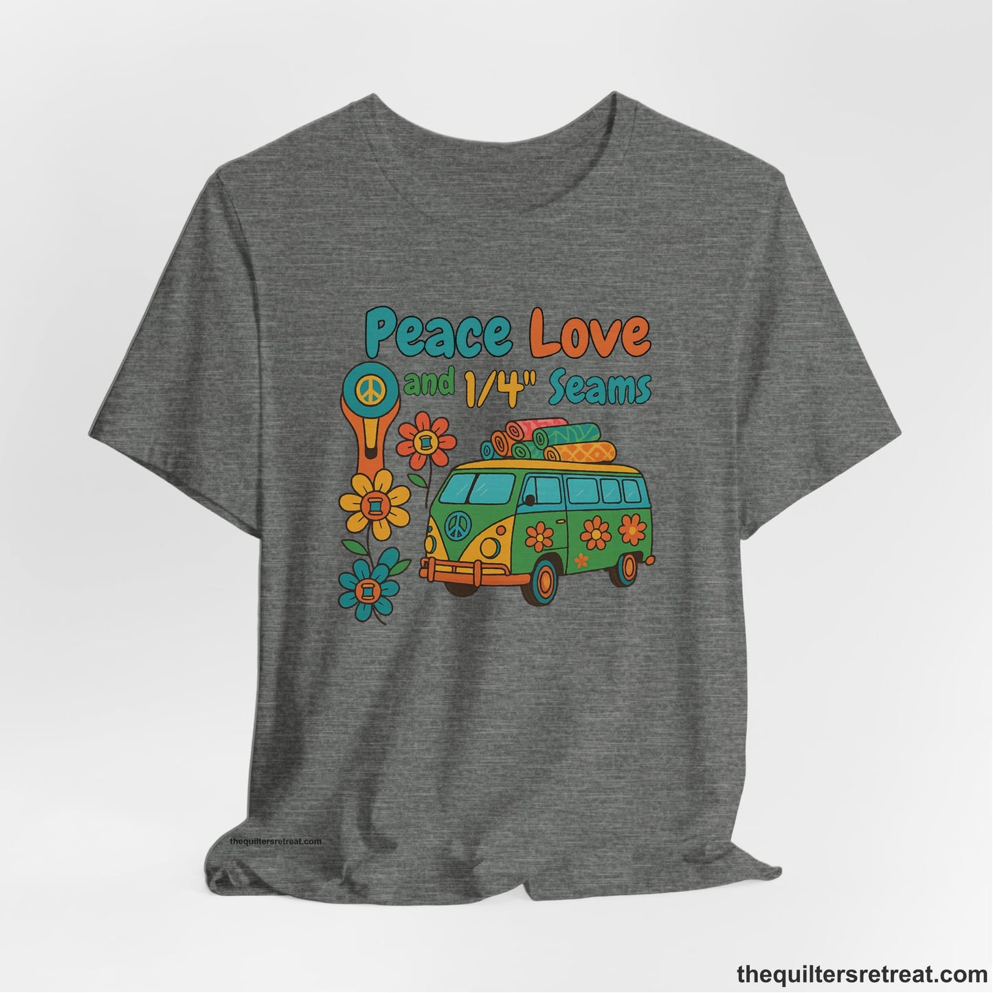 A Deep Heather Short Sleeve T-Shirt with a peace sign van with colorful flowers and "Peace Love and 1/4 Seams" text in retro style