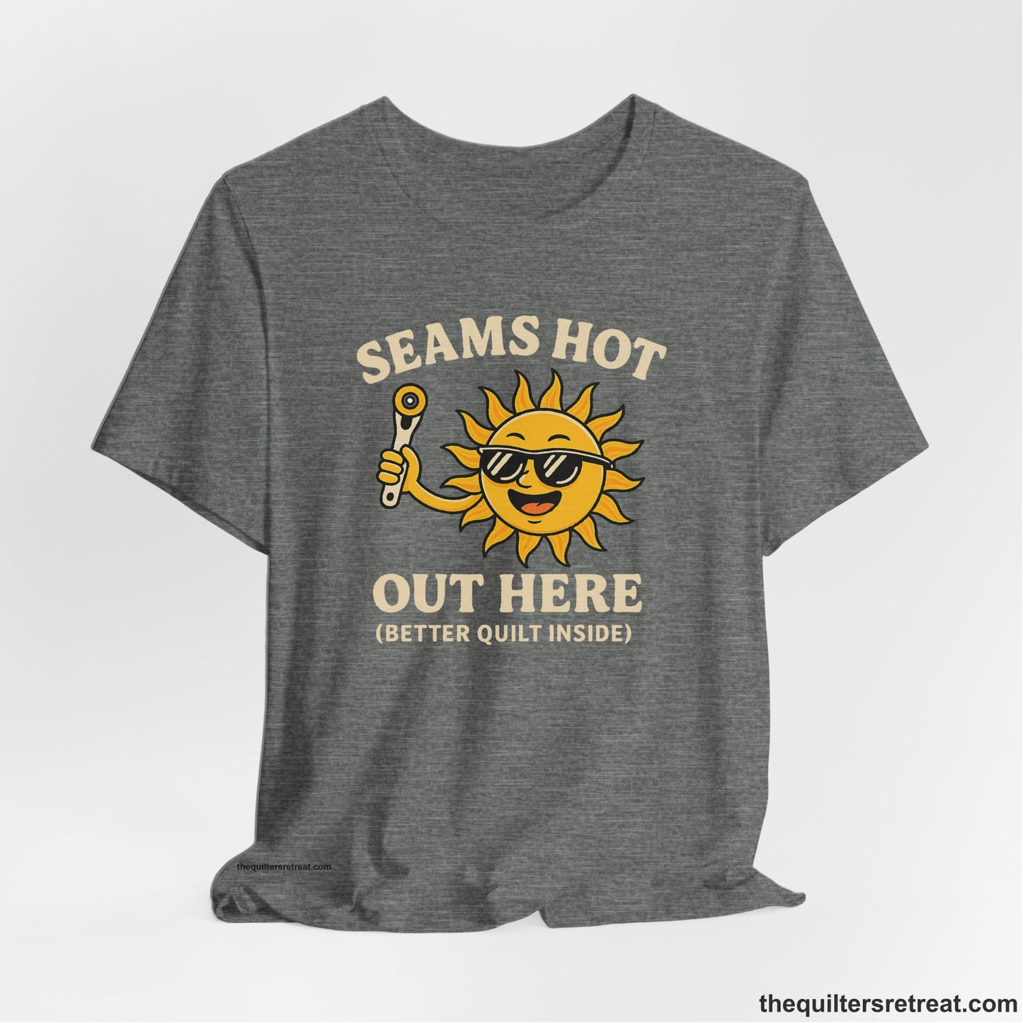 A Deep Heather Short Sleeve T-Shirt with a smiling sun with sunglasses holding a pizza cutter in a playful cartoon style