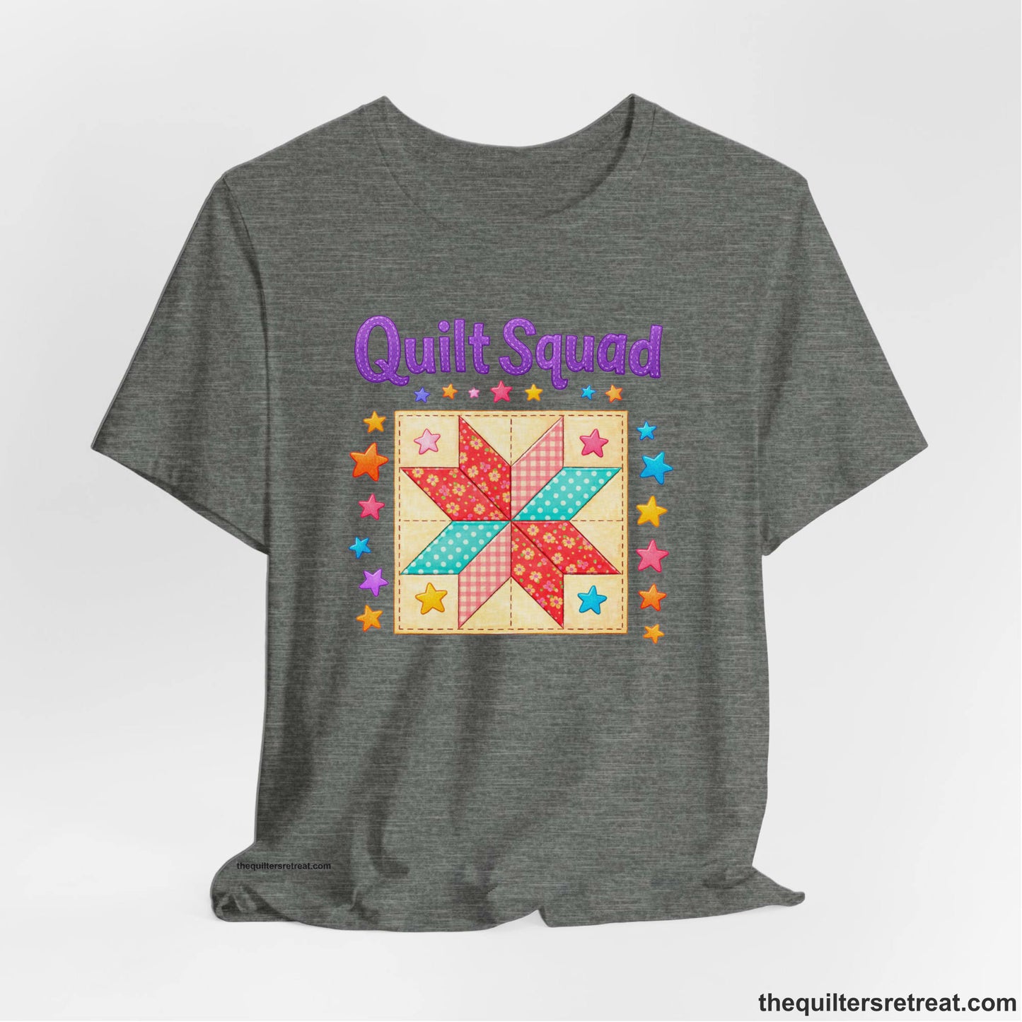 A Deep Heather Short Sleeve T-Shirt with a Patchwork quilt star with colorful stars, playful mood, "Quilt Squad" text.