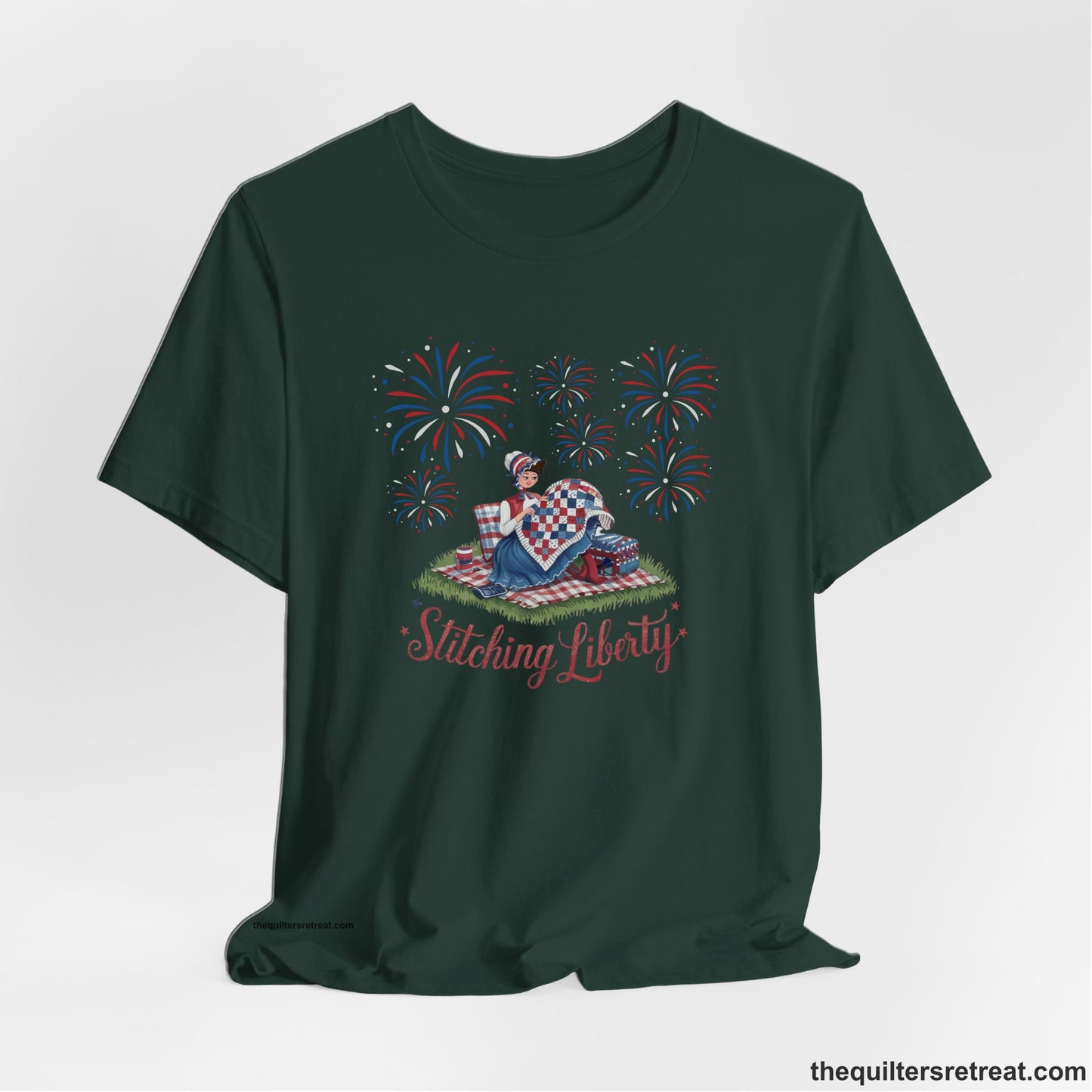 A Forest Short Sleeve T-Shirt with a vintage illustration of woman quilting with fireworks and "Stitching Liberty" text in patriotic style