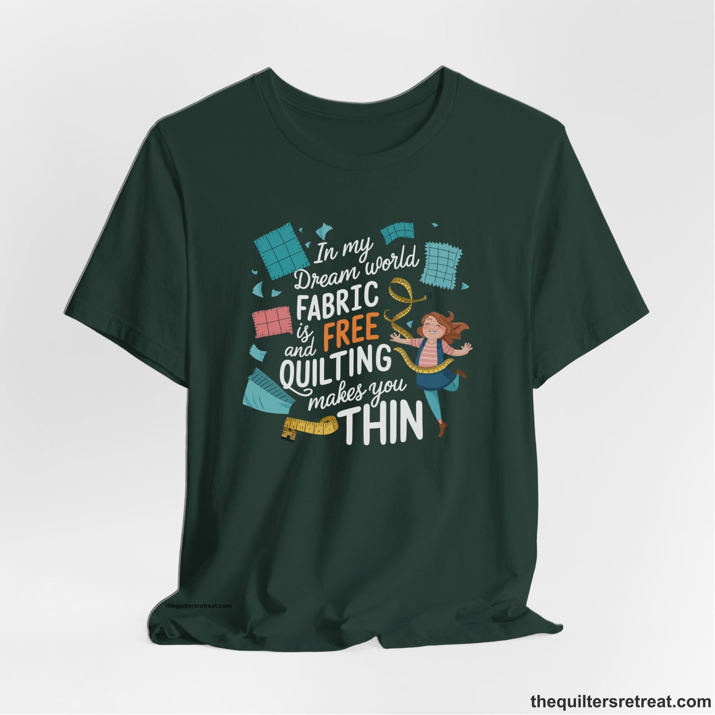 A Forest Short Sleeve T-Shirt with a inspirational quilting text with playful seamstress and colorful fabric scraps in whimsical style