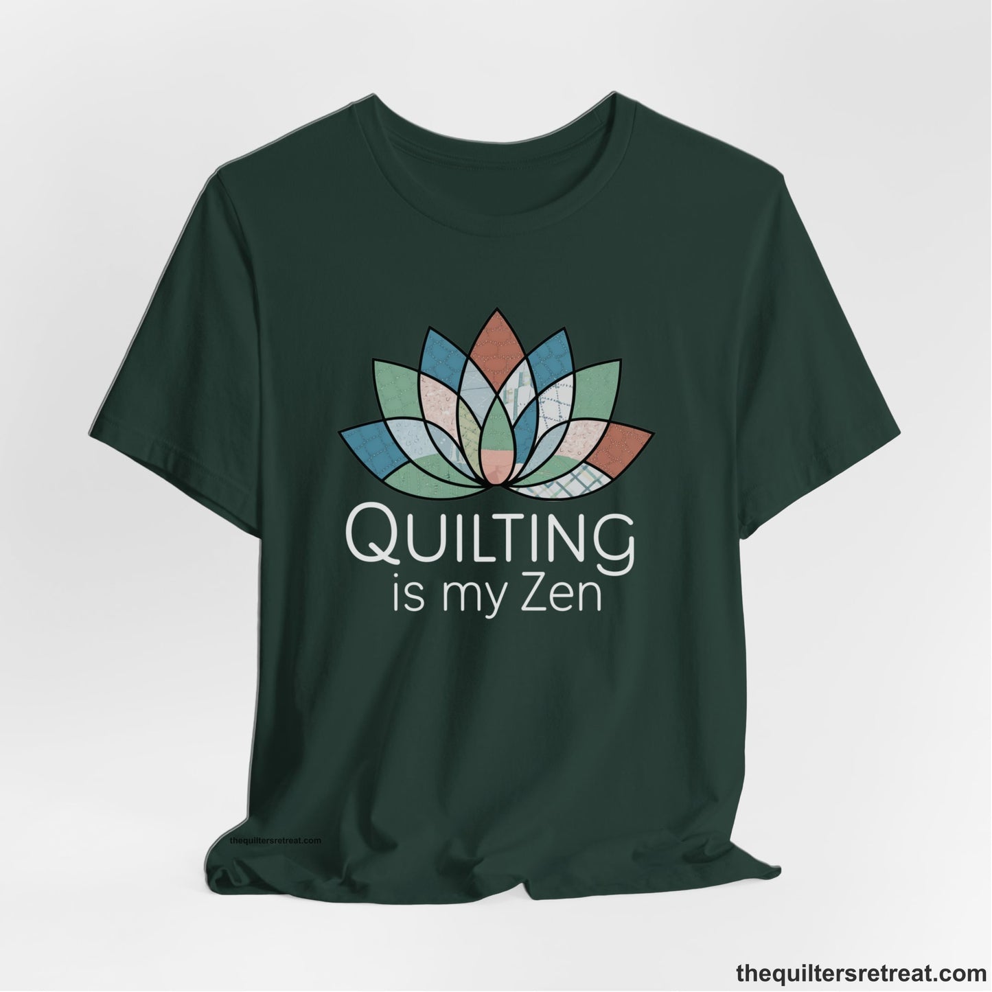 A Forest Short Sleeve T-Shirt with a floral quilt pattern with "Quilting is my Zen" text in a calm, soothing design