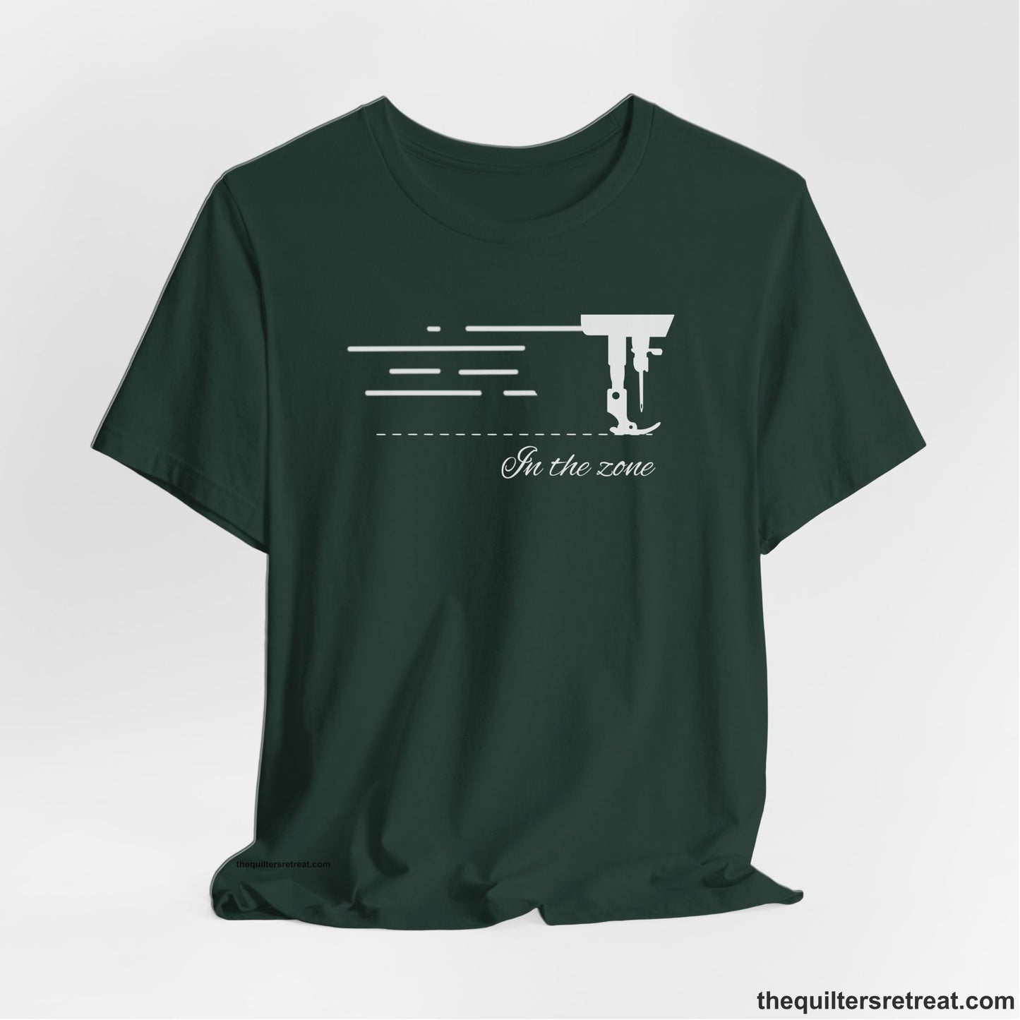 A Forest Short Sleeve T-Shirt with a vintage sewing machine illustration with floral accents and "Sewing Mends the Soul" text