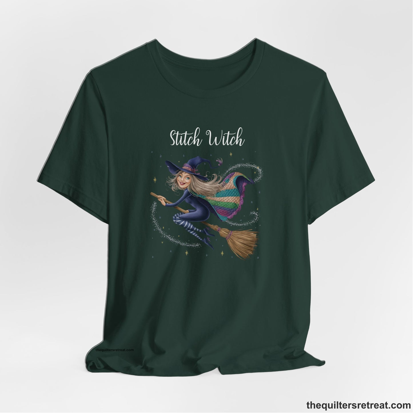 A Forest Short Sleeve T-Shirt with a playful witch on broomstick with patchwork cape and starry background in a whimsical style