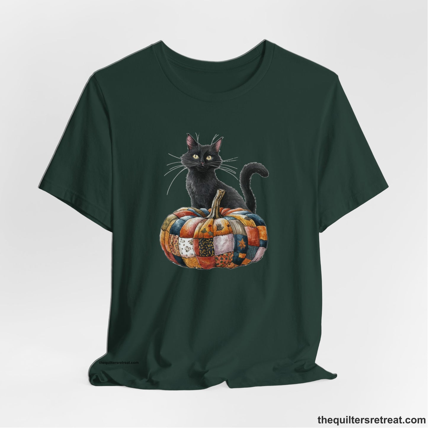 A Forest Short Sleeve T-Shirt with a black cat with a quilted patchwork pumpkin in a whimsical autumn style