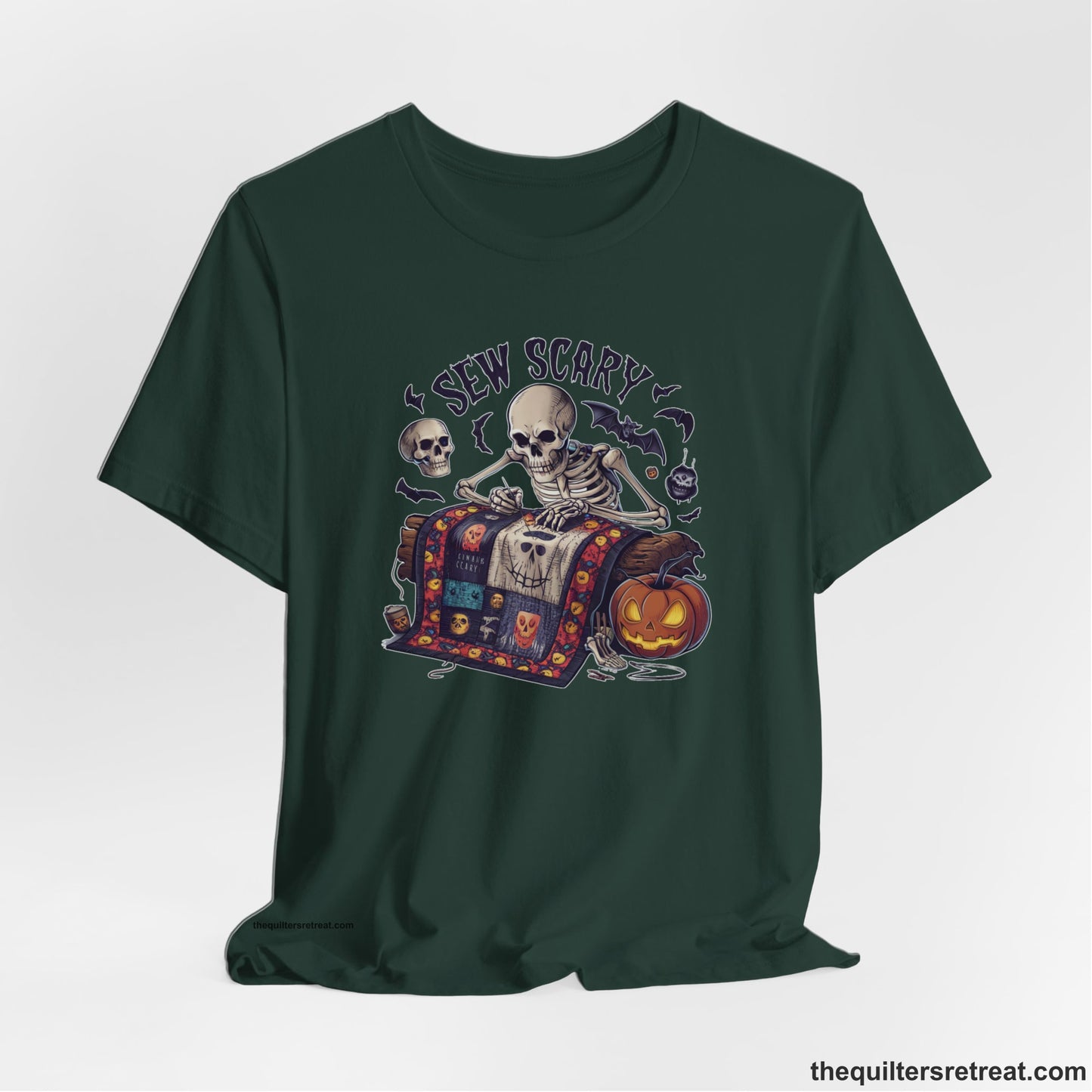 A Forest Short Sleeve T-Shirt with a skeleton quilting with spooky accents and "Sew Scary" text in a Halloween theme