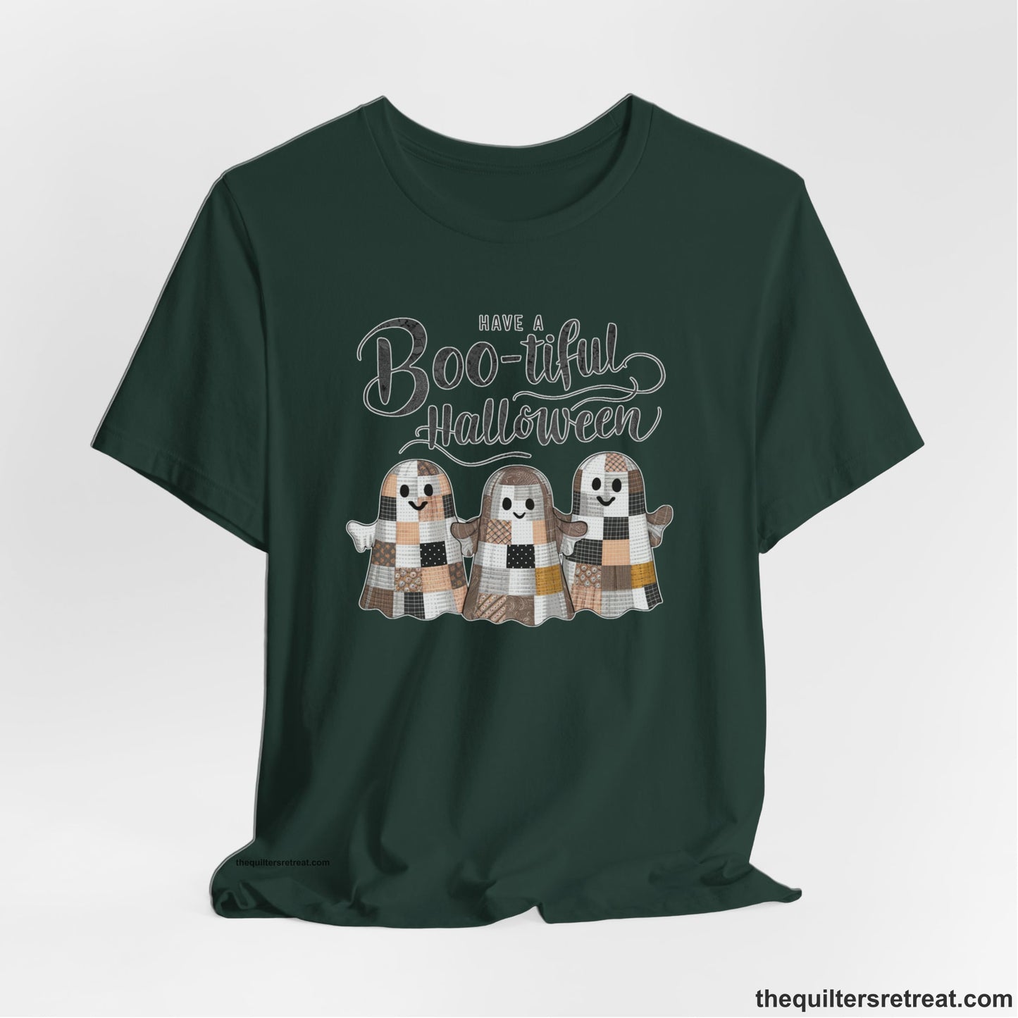 A Forest Short Sleeve T-Shirt with a cute patchwork ghosts with "Boo-tiful Halloween" text in a playful style
