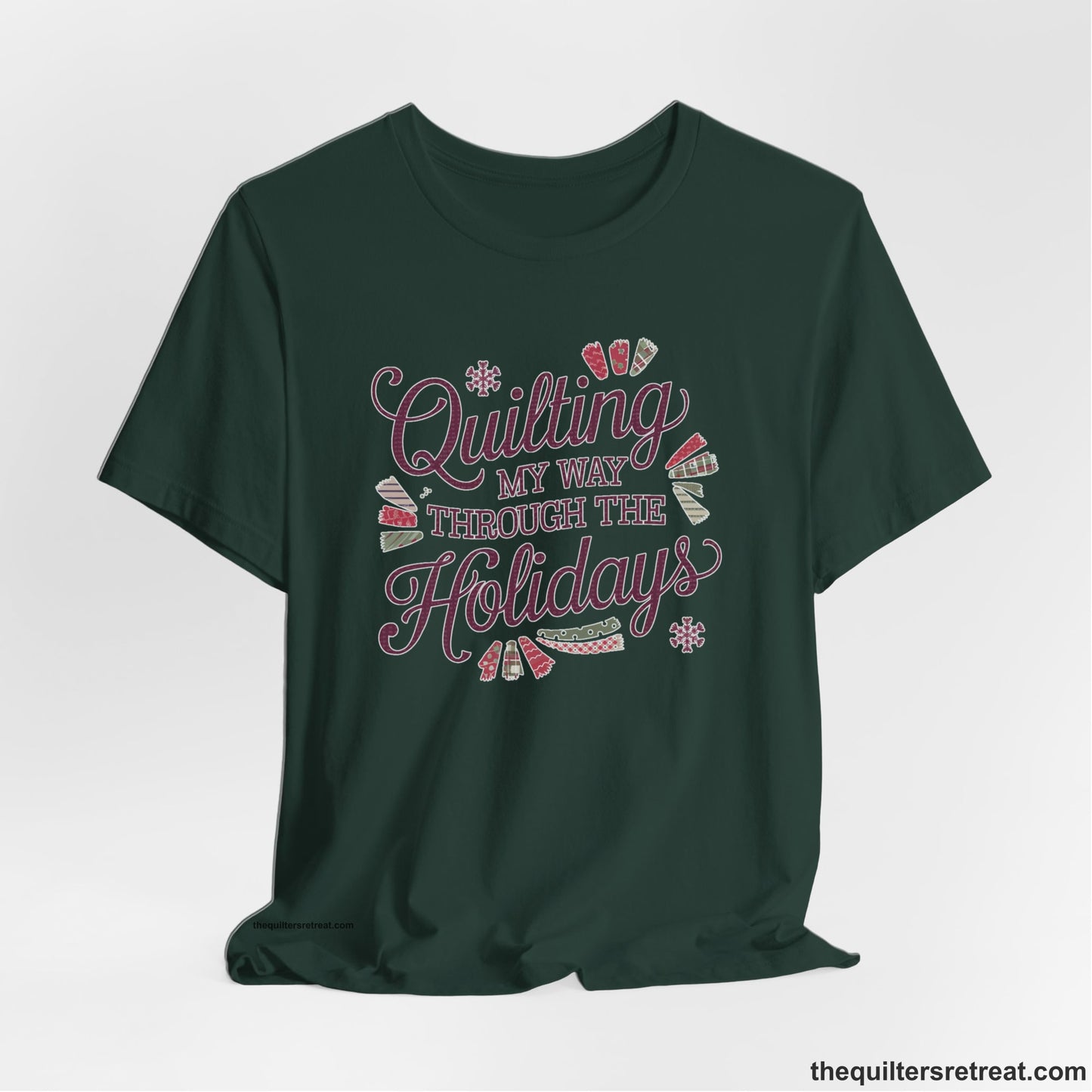 A Forest Short Sleeve T-Shirt with a quilting-themed text in festive colors with decorative quilt patterns