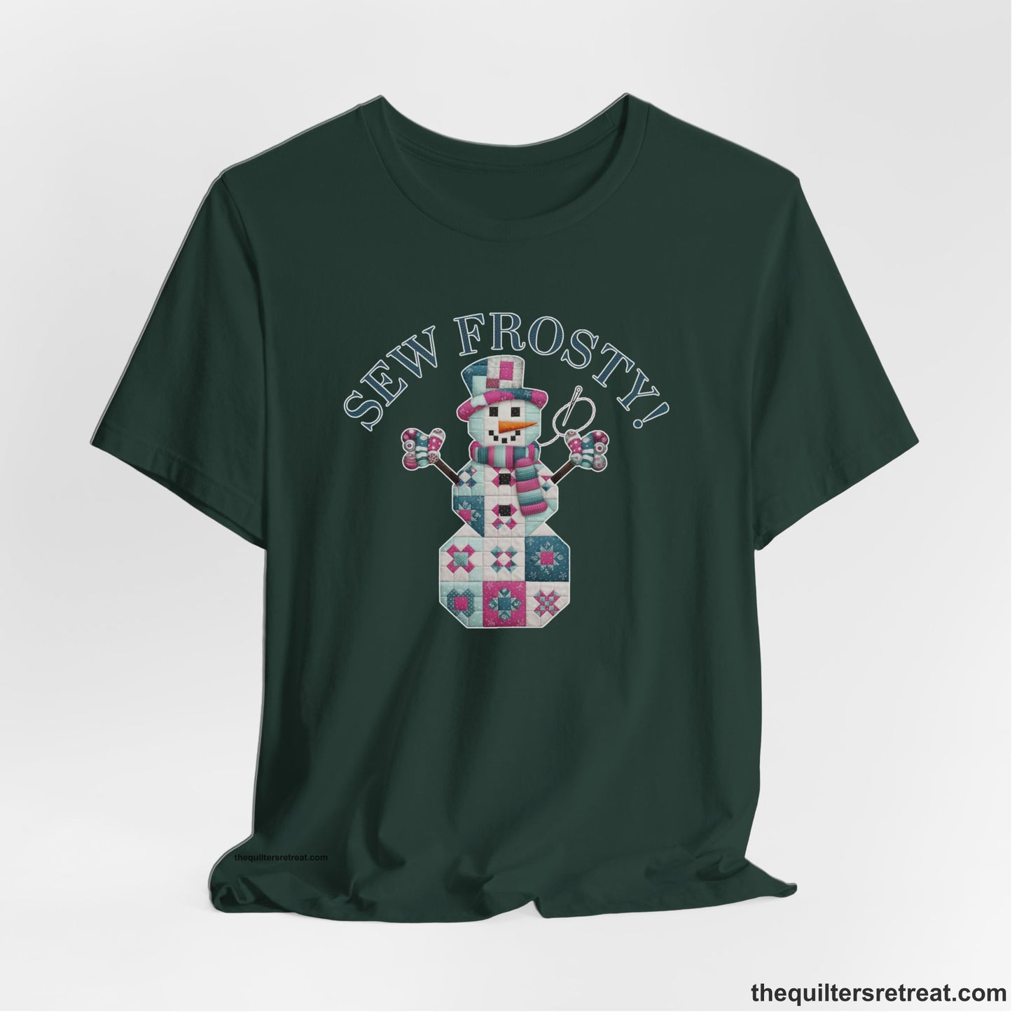 A Forest Short Sleeve T-Shirt with a snowman quilt pattern with "Sew Frosty!" text in a crafty style