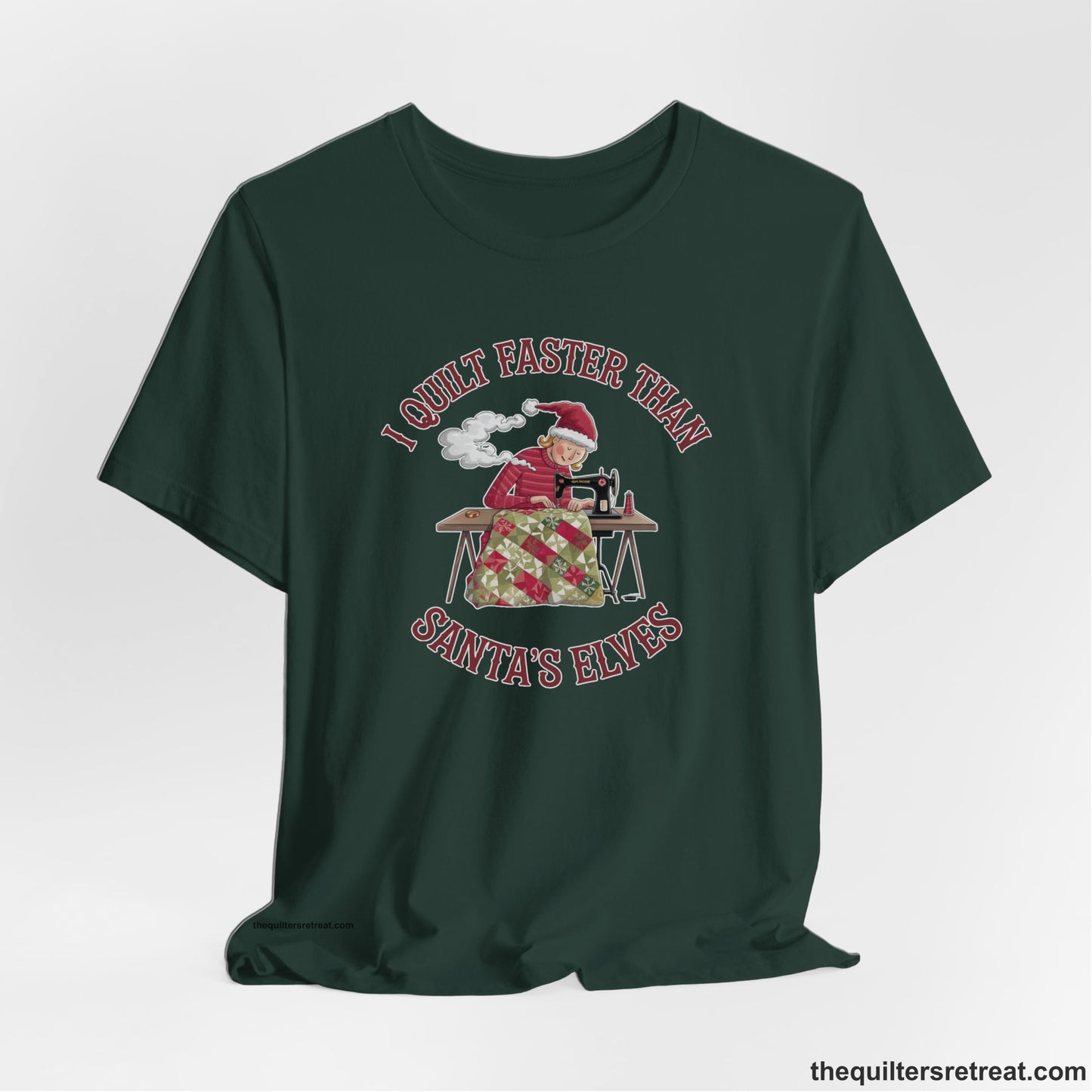 A Forest Short Sleeve T-Shirt with a whimsical illustration of a quilting woman with "I Quilt Faster Than Santa's Elves" text