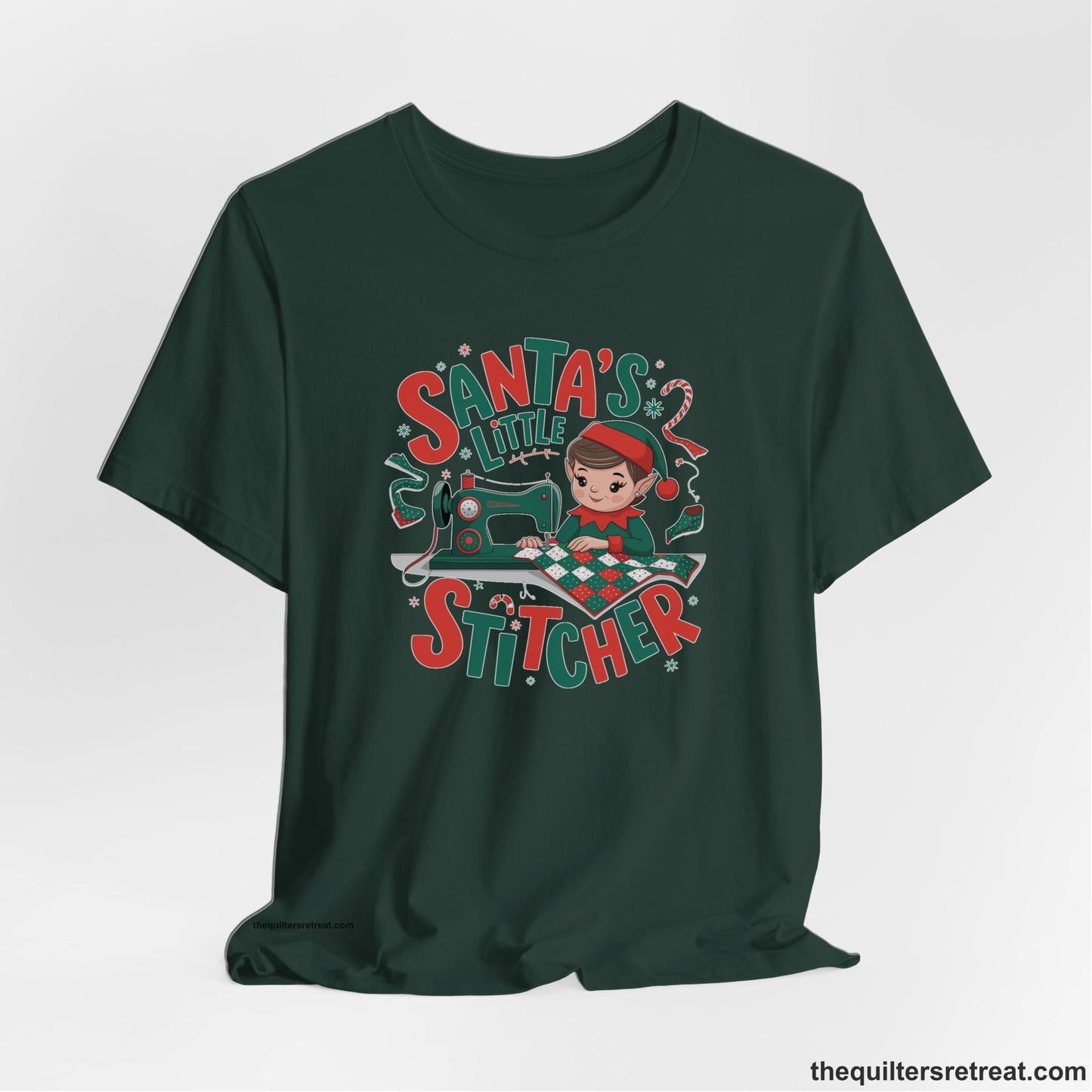 A Forest Short Sleeve T-Shirt with a santa's little stitcher elf sewing quilt with festive colors in playful style
