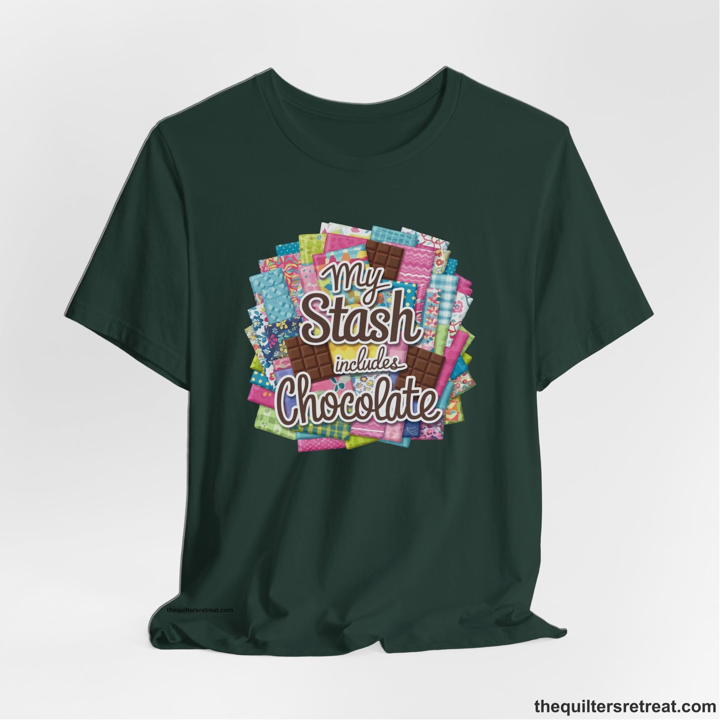 A Forest Short Sleeve T-Shirt with a fabric and chocolate collage with playful "My Stash includes Chocolate" text
