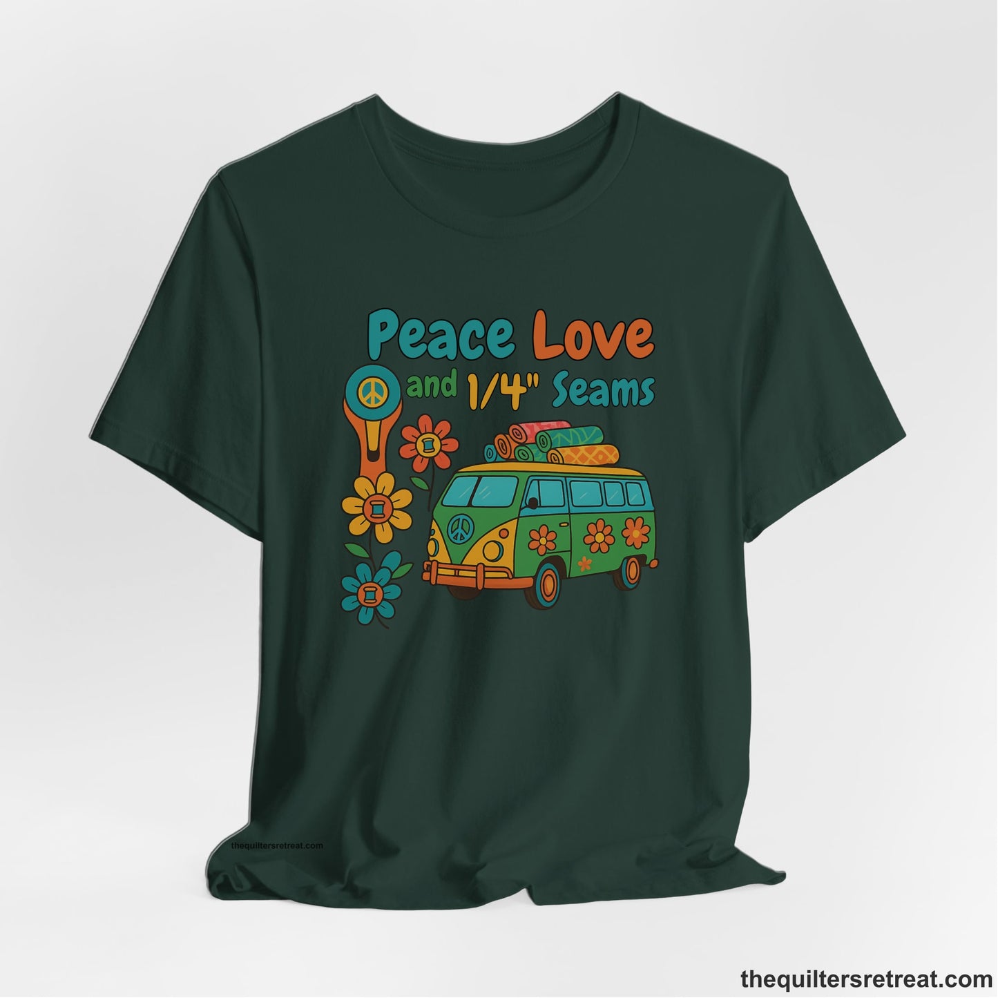 A Forest Short Sleeve T-Shirt with a peace sign van with colorful flowers and "Peace Love and 1/4 Seams" text in retro style