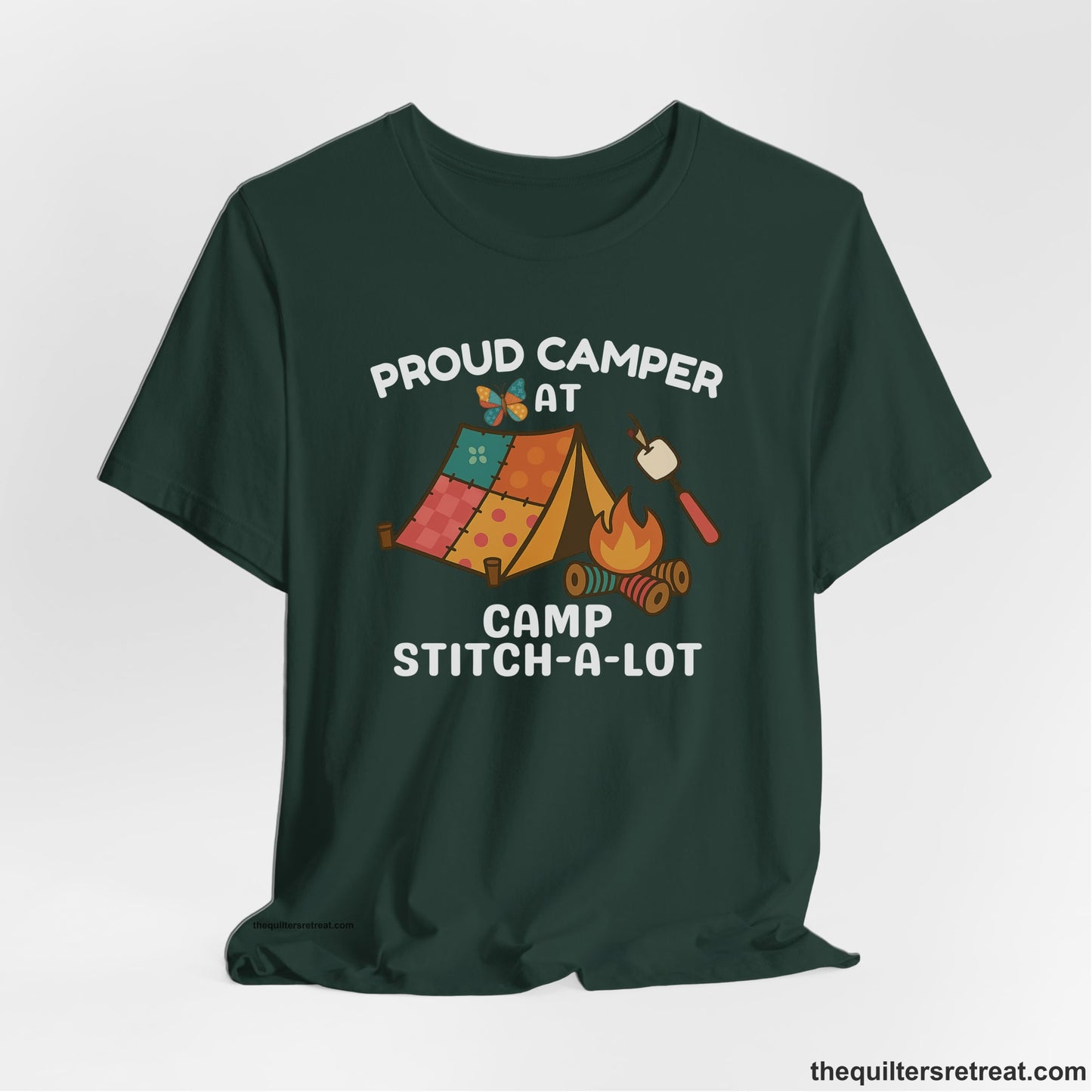 A Forest Short Sleeve T-Shirt with a camping scene with patchwork tent, campfire, and whimsical butterfly and marshmallow illustration