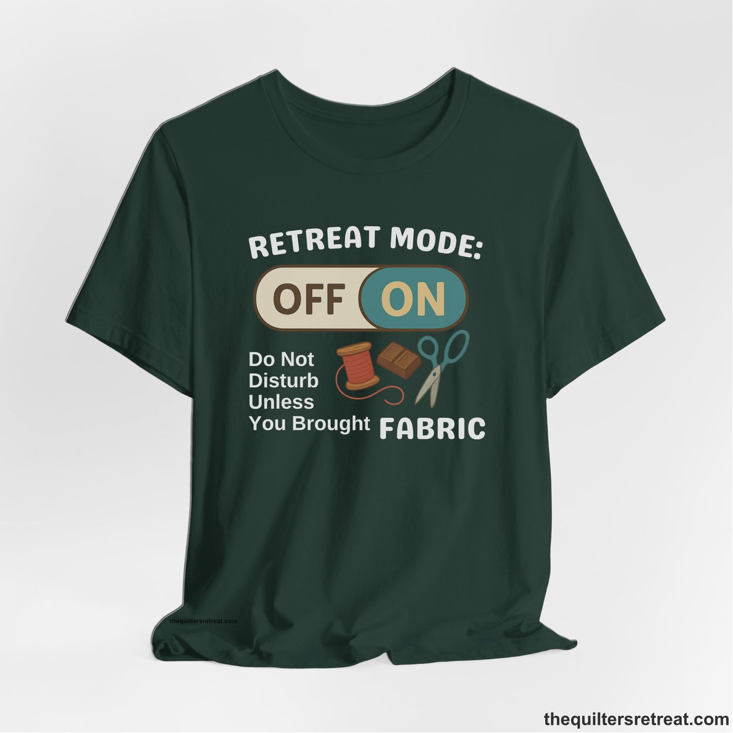 A Forest Short Sleeve T-Shirt with a illustration of sewing tools with a playful "OFF ON" switch design