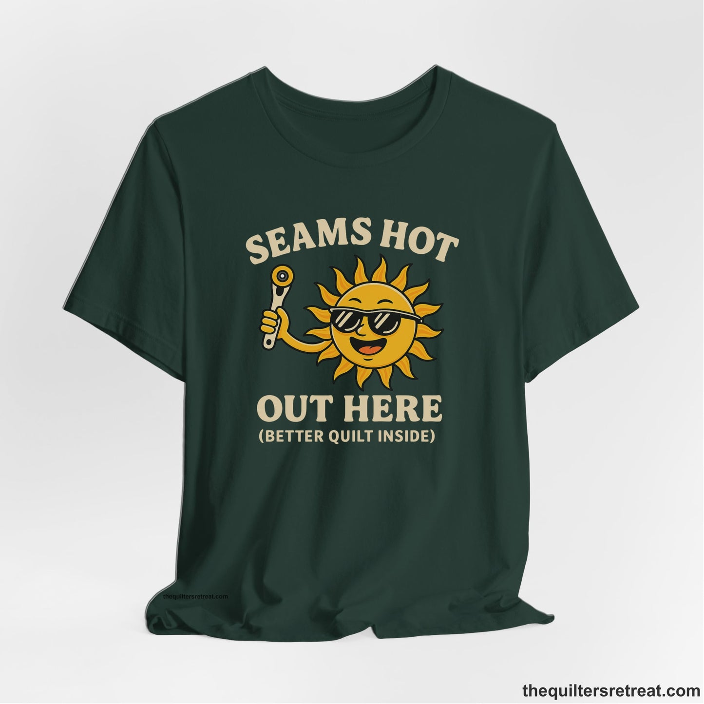 A Forest Short Sleeve T-Shirt with a smiling sun with sunglasses holding a pizza cutter in a playful cartoon style