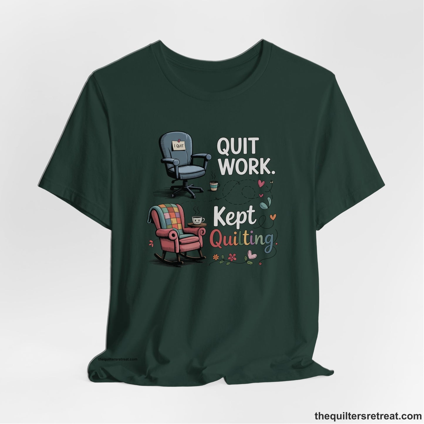 A Forest Short Sleeve T-Shirt with a quit work kept quilting text with cozy chairs and colorful floral accents in a whimsical style