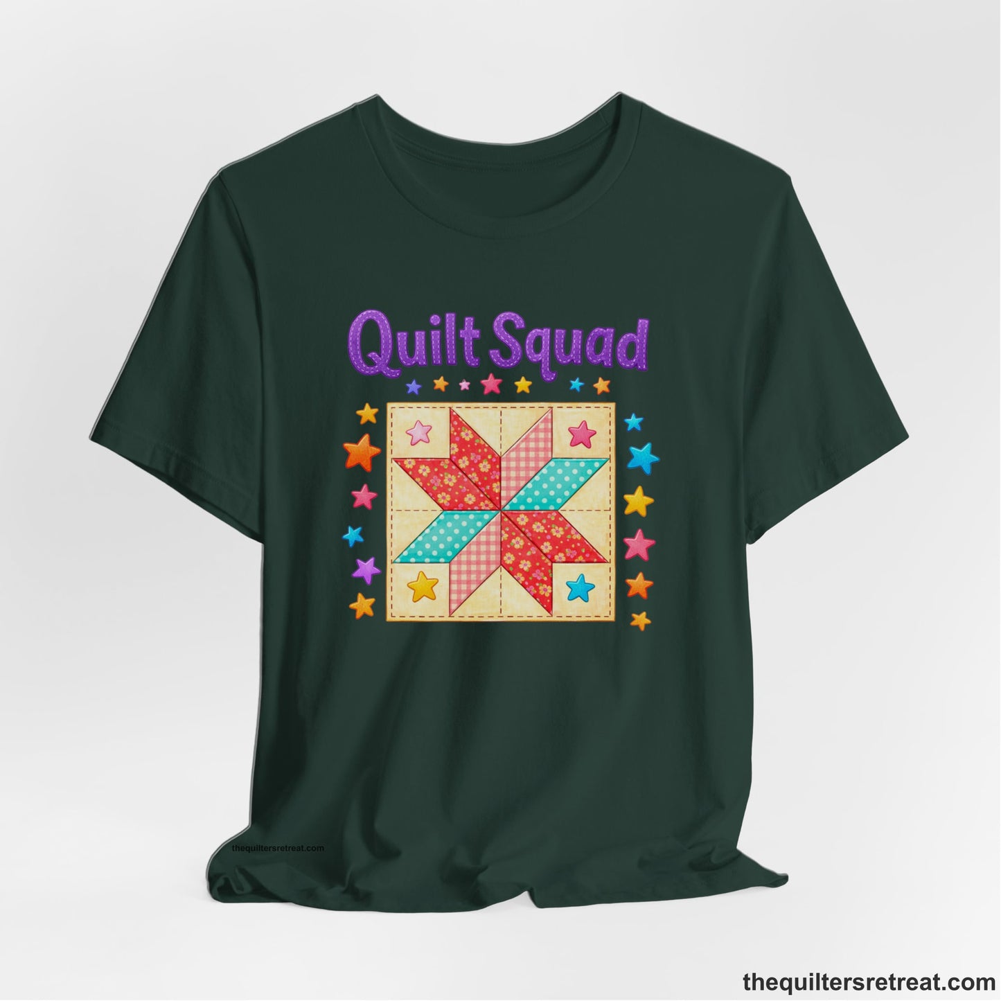 A Forest Short Sleeve T-Shirt with a Patchwork quilt star with colorful stars, playful mood, "Quilt Squad" text.