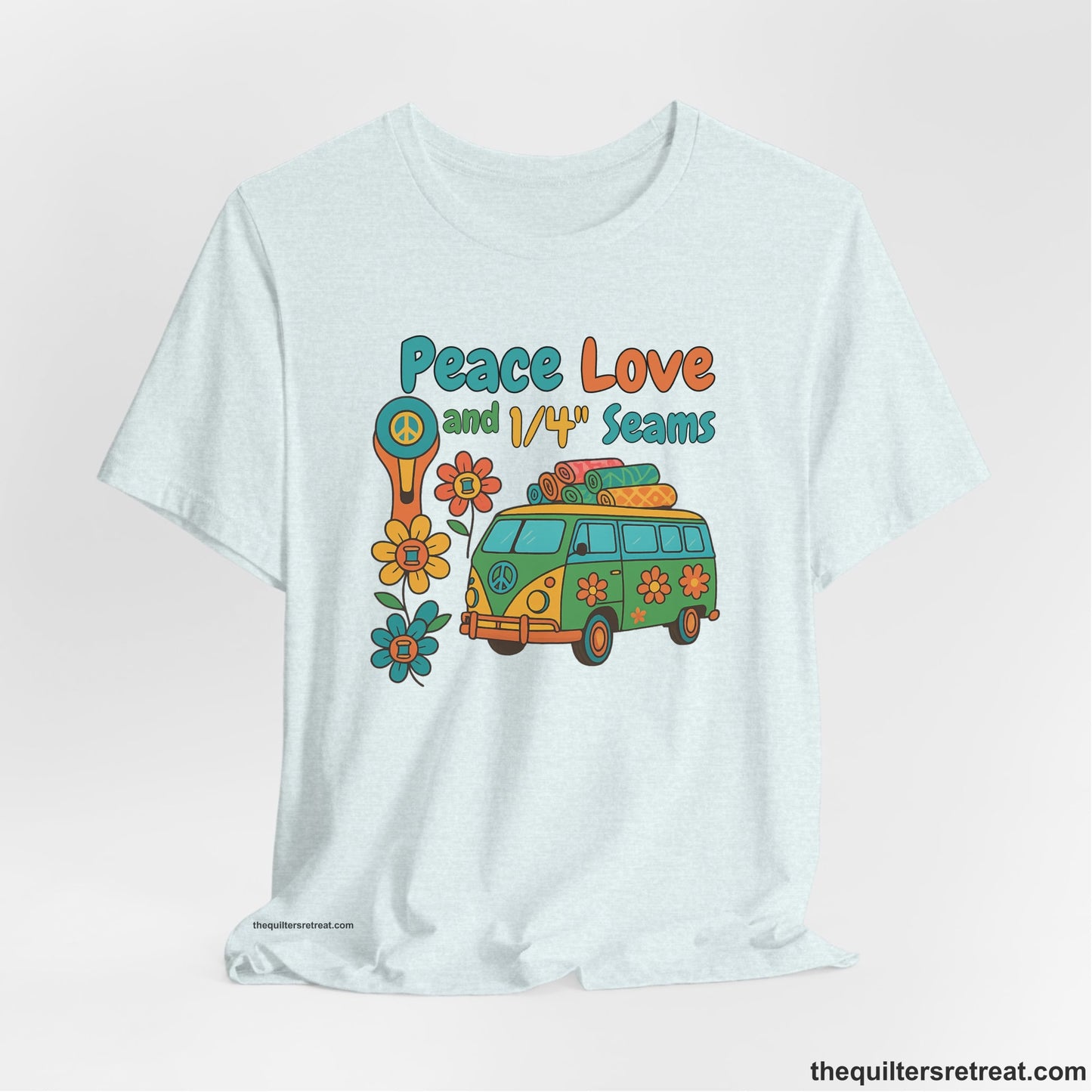 A Heather Ice Blue Short Sleeve T-Shirt with a peace sign van with colorful flowers and "Peace Love and 1/4 Seams" text in retro style