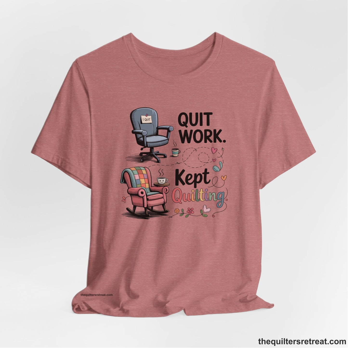 A Heather Mauve Short Sleeve T-Shirt with a quit work kept quilting text with cozy chairs and colorful floral accents in a whimsical style