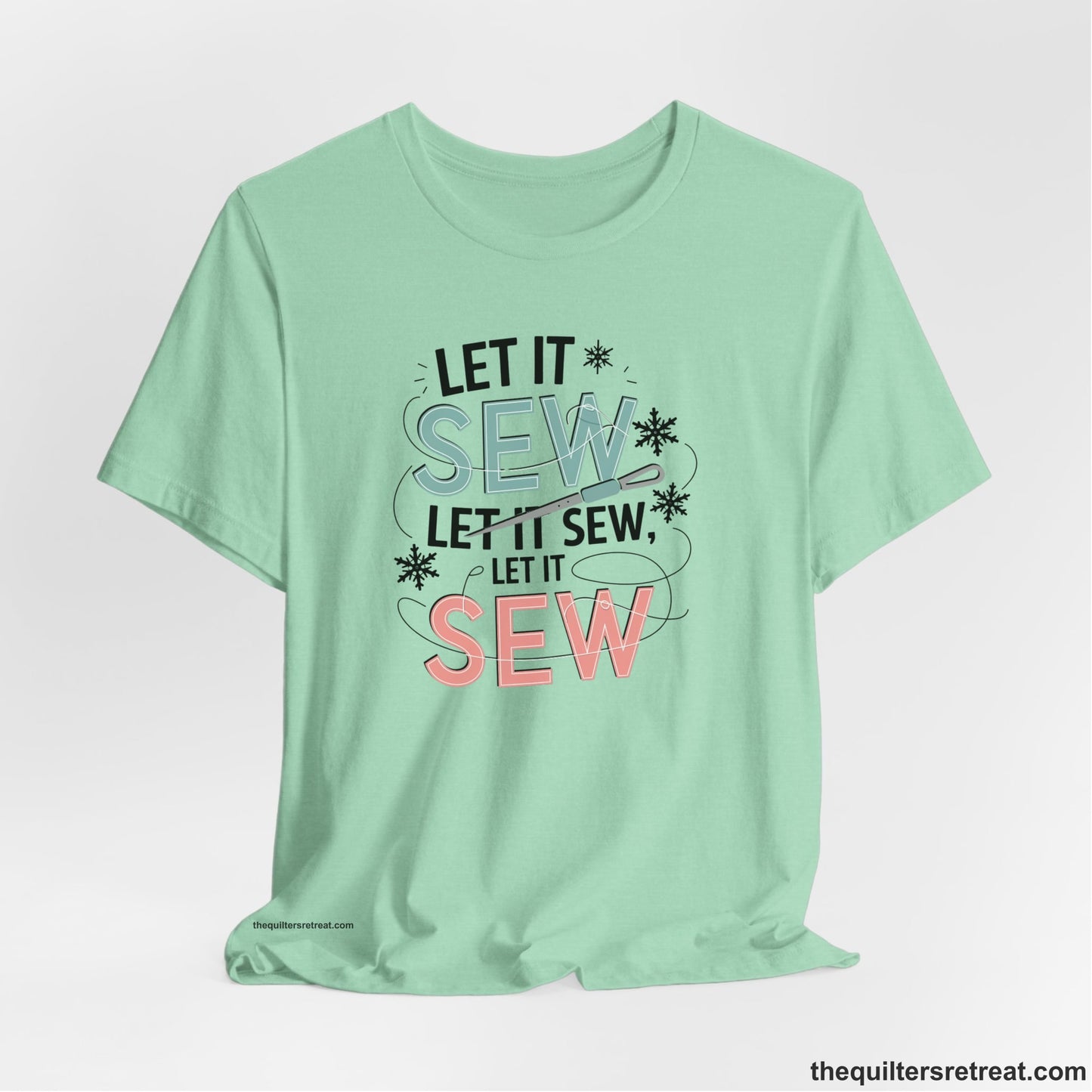 A Heather Mint Short Sleeve T-Shirt with a bold "SEW" text with needle and thread in a modern style