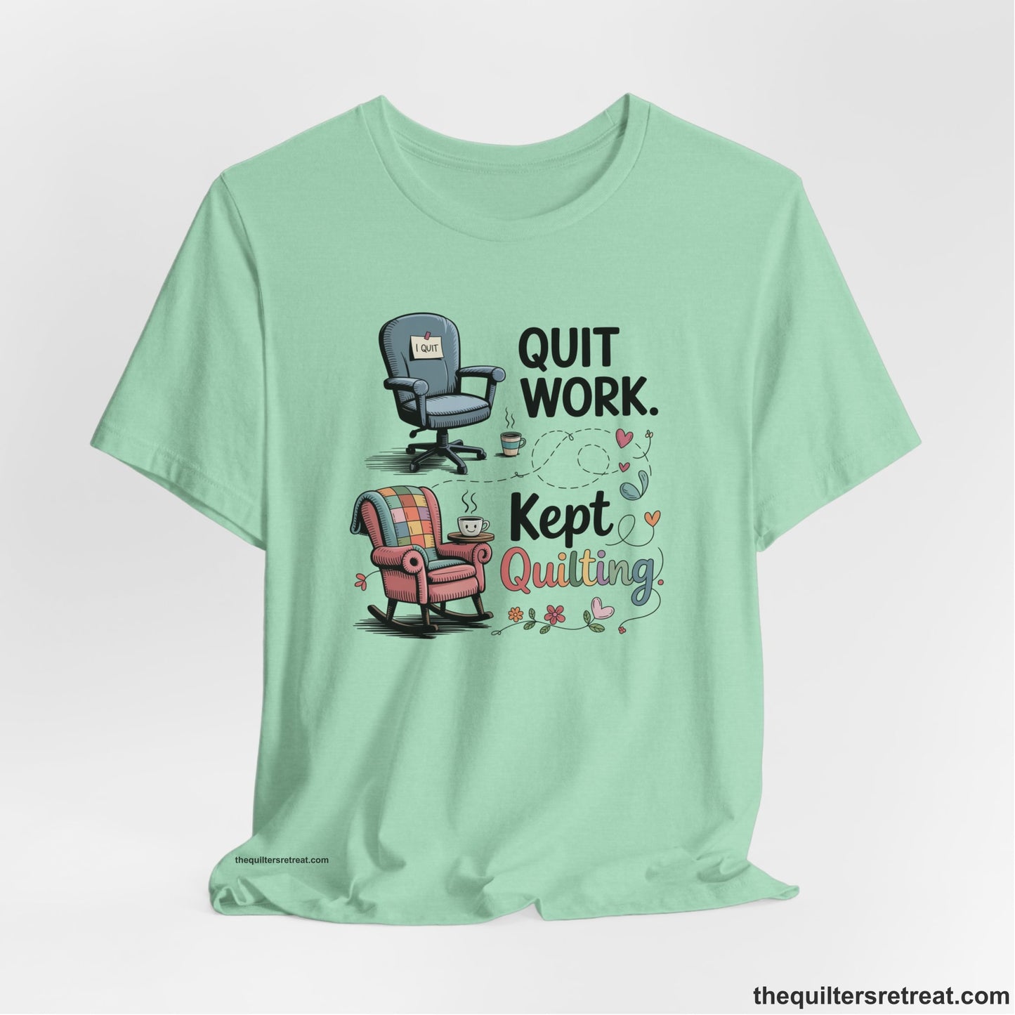 A Heather Mint Short Sleeve T-Shirt with a quit work kept quilting text with cozy chairs and colorful floral accents in a whimsical style