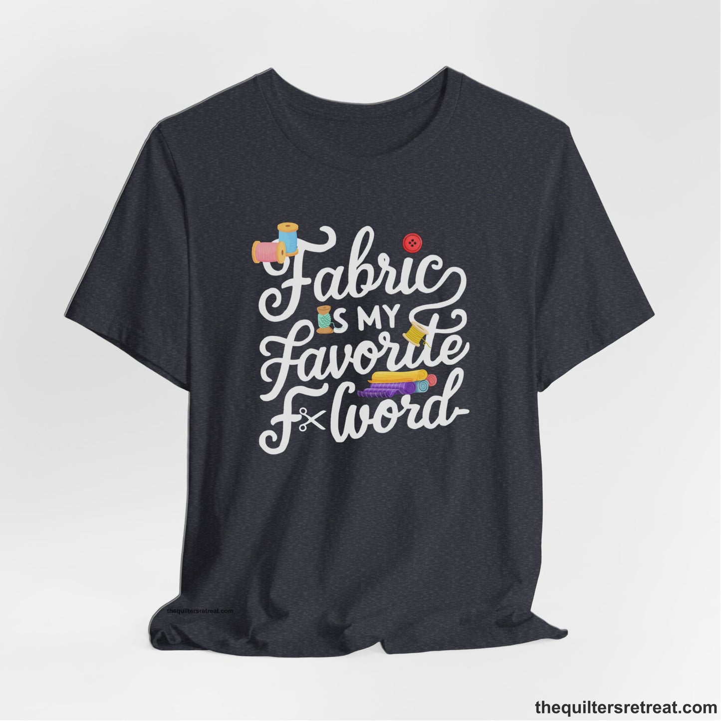A Heather Navy Short Sleeve T-Shirt with a fabric is my favorite f word text with colorful spools and buttons in a playful style