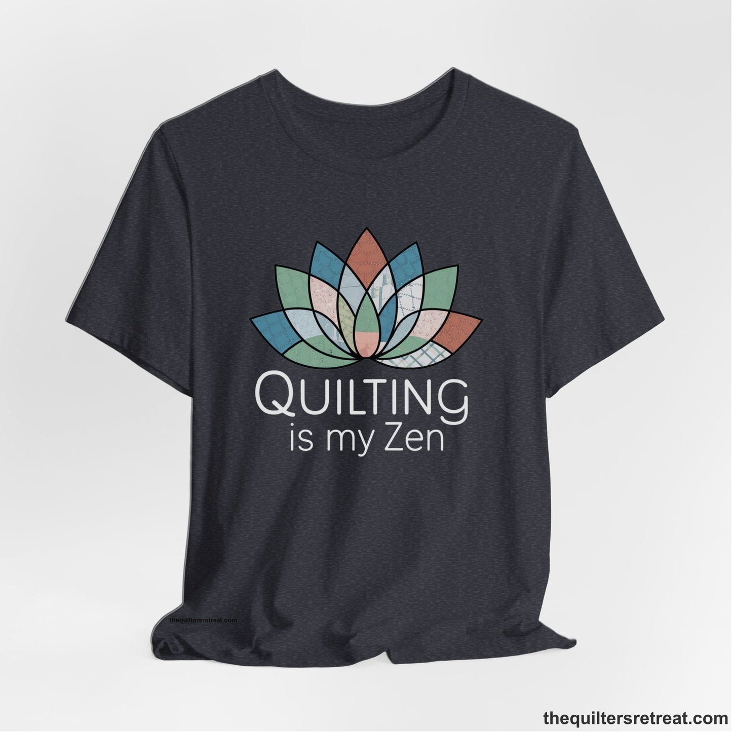 A Heather Navy Short Sleeve T-Shirt with a floral quilt pattern with "Quilting is my Zen" text in a calm, soothing design