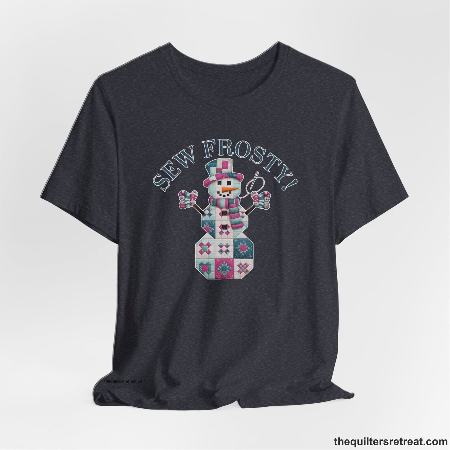 A Heather Navy Short Sleeve T-Shirt with a snowman quilt pattern with "Sew Frosty!" text in a crafty style