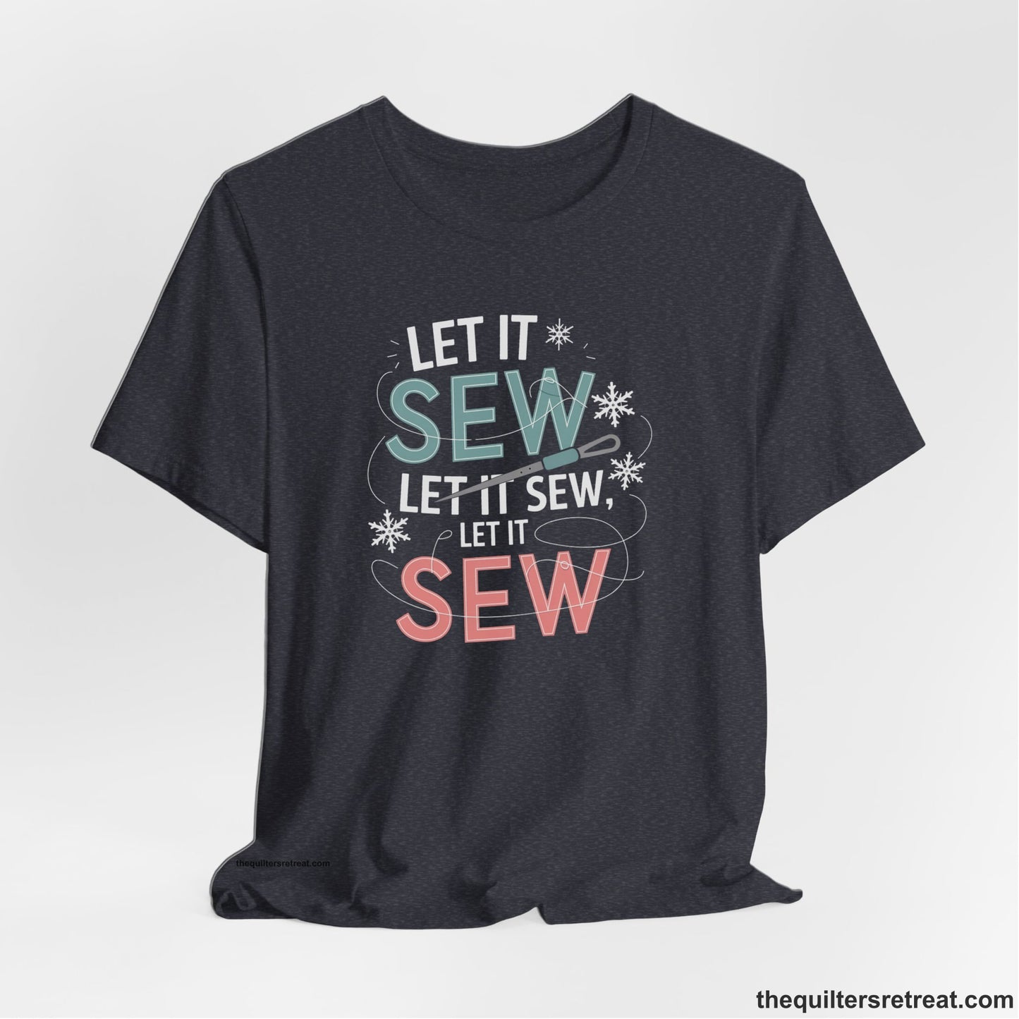 A Heather Navy Short Sleeve T-Shirt with a bold "SEW" text with needle and thread in a modern style