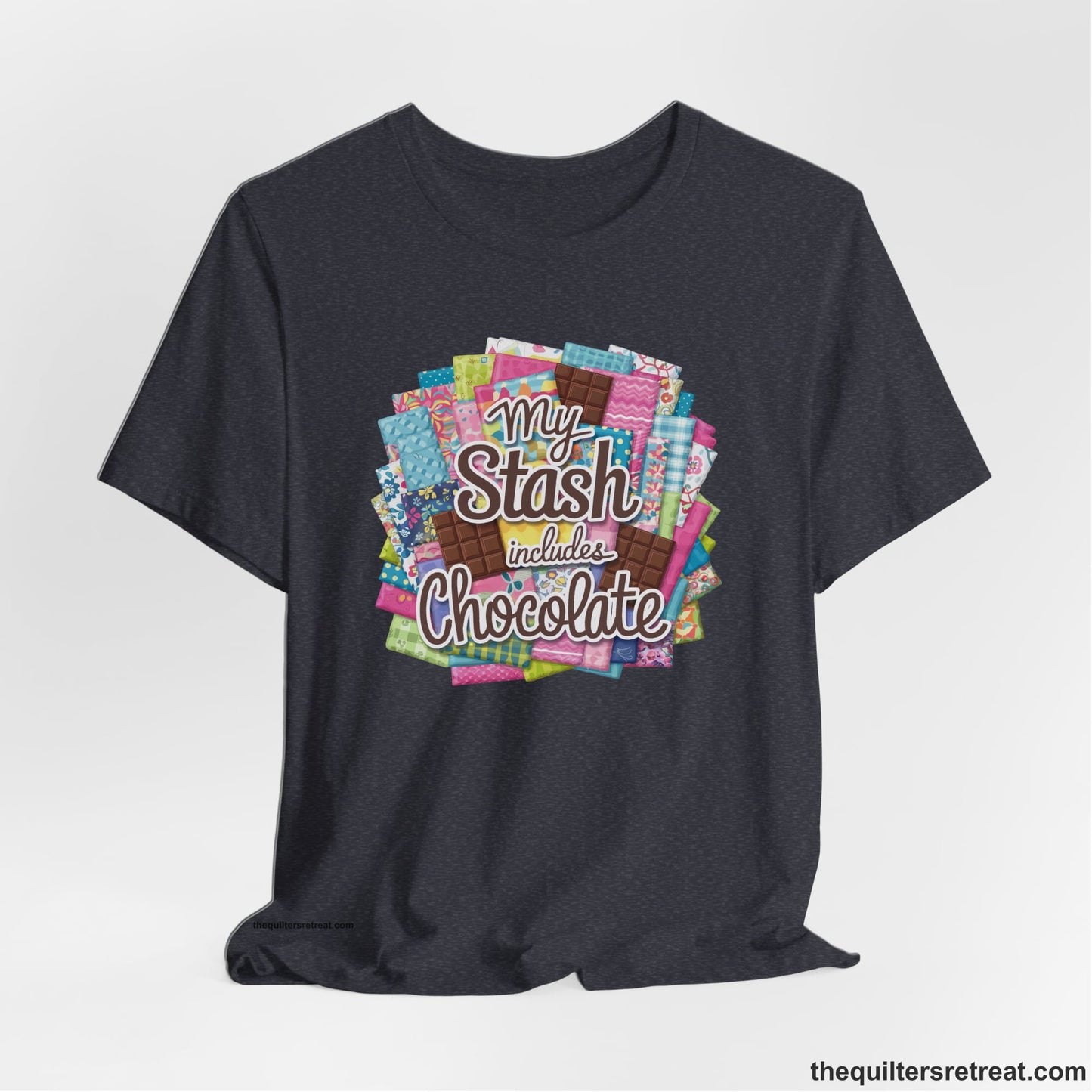 A Heather Navy Short Sleeve T-Shirt with a fabric and chocolate collage with playful "My Stash includes Chocolate" text