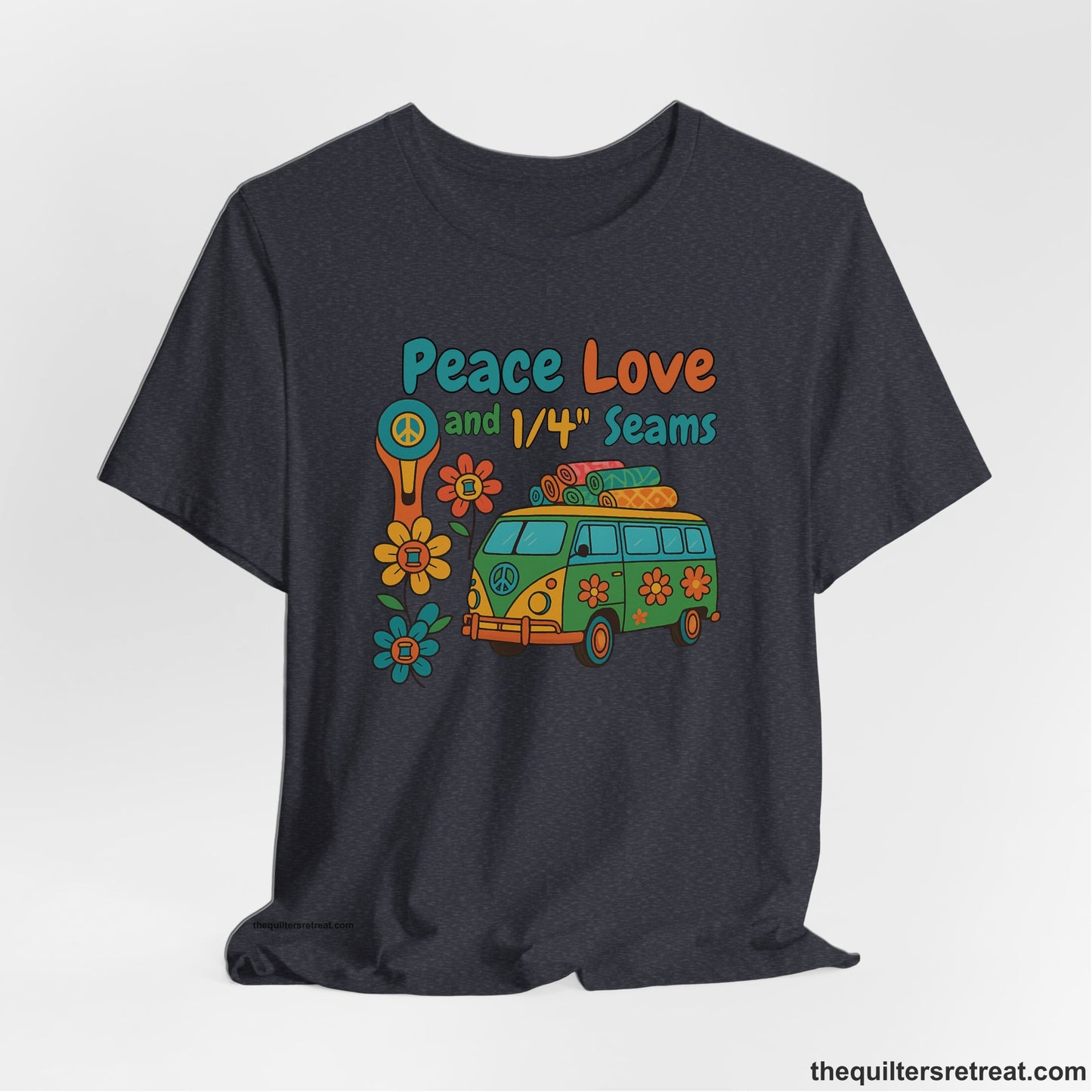 A Heather Navy Short Sleeve T-Shirt with a peace sign van with colorful flowers and "Peace Love and 1/4 Seams" text in retro style