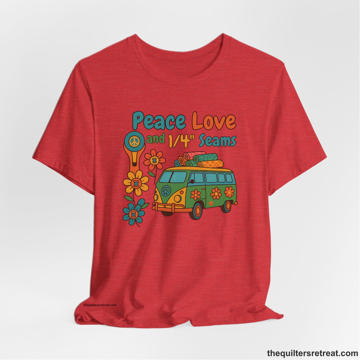 A Heather Red Short Sleeve T-Shirt with a peace sign van with colorful flowers and "Peace Love and 1/4 Seams" text in retro style