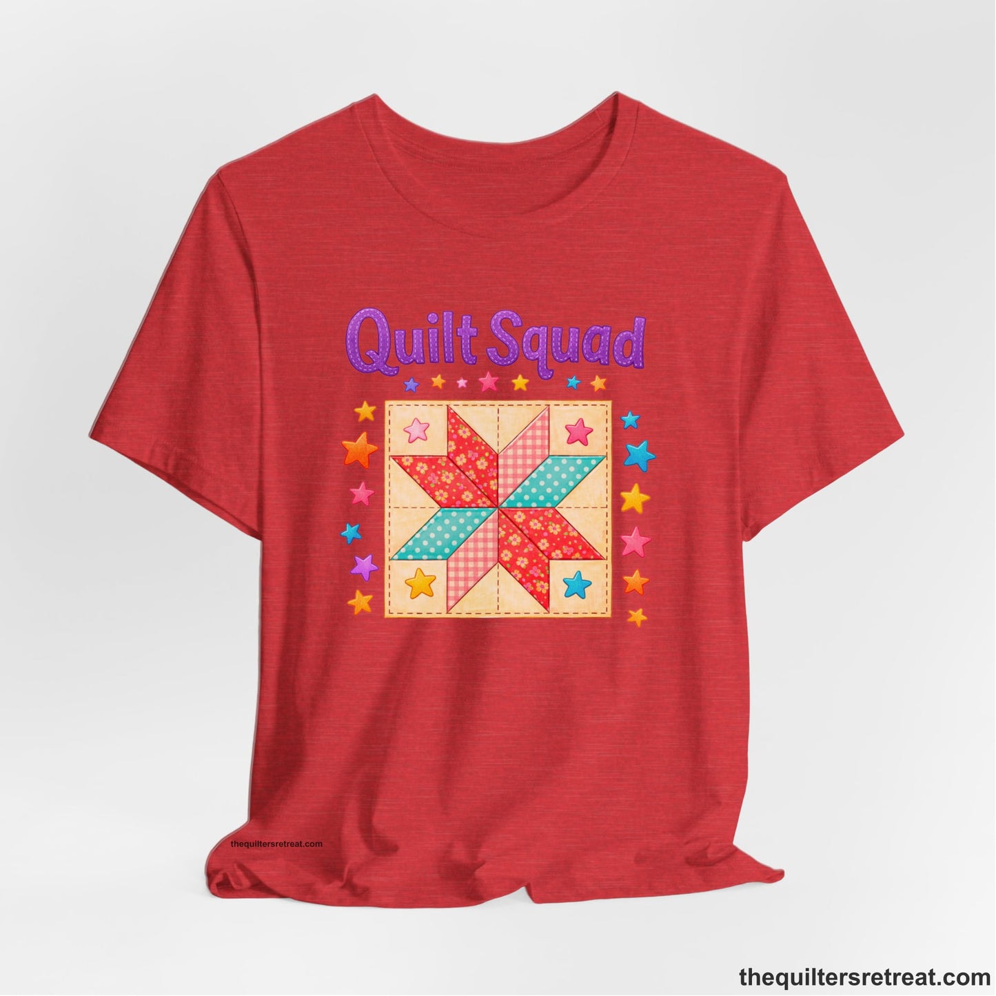 A Heather Red Short Sleeve T-Shirt with a Patchwork quilt star with colorful stars, playful mood, "Quilt Squad" text.