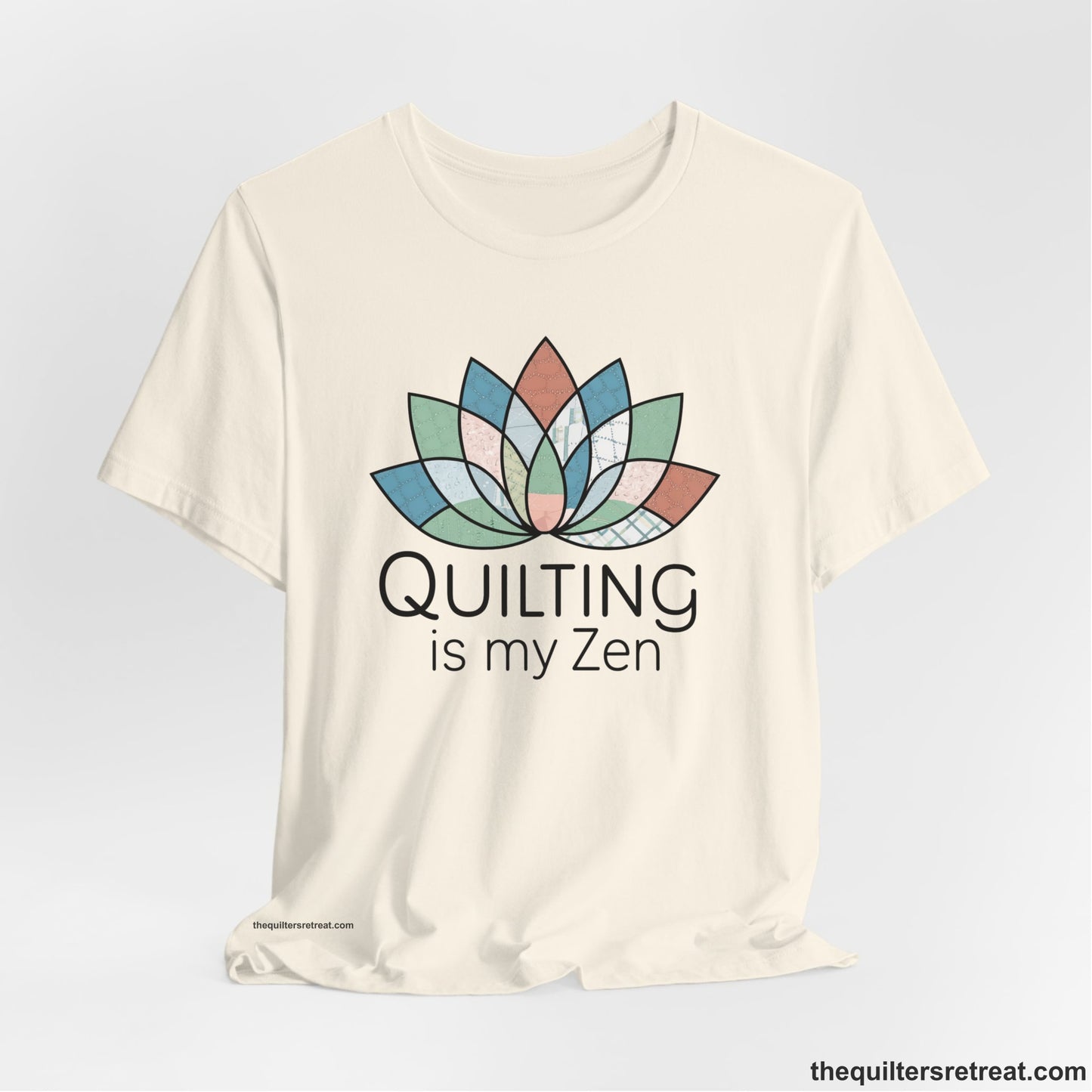 A Natural Short Sleeve T-Shirt with a floral quilt pattern with "Quilting is my Zen" text in a calm, soothing design