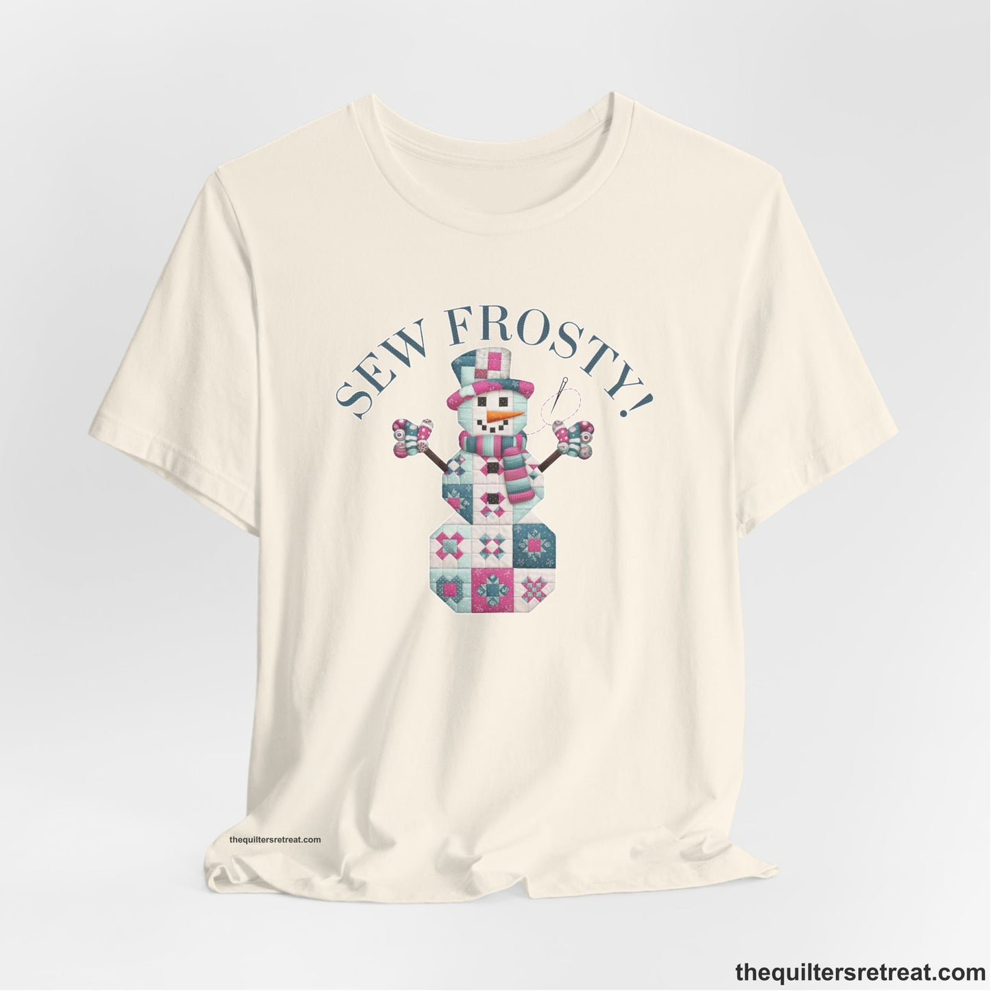 A Natural Short Sleeve T-Shirt with a snowman quilt pattern with "Sew Frosty!" text in a crafty style