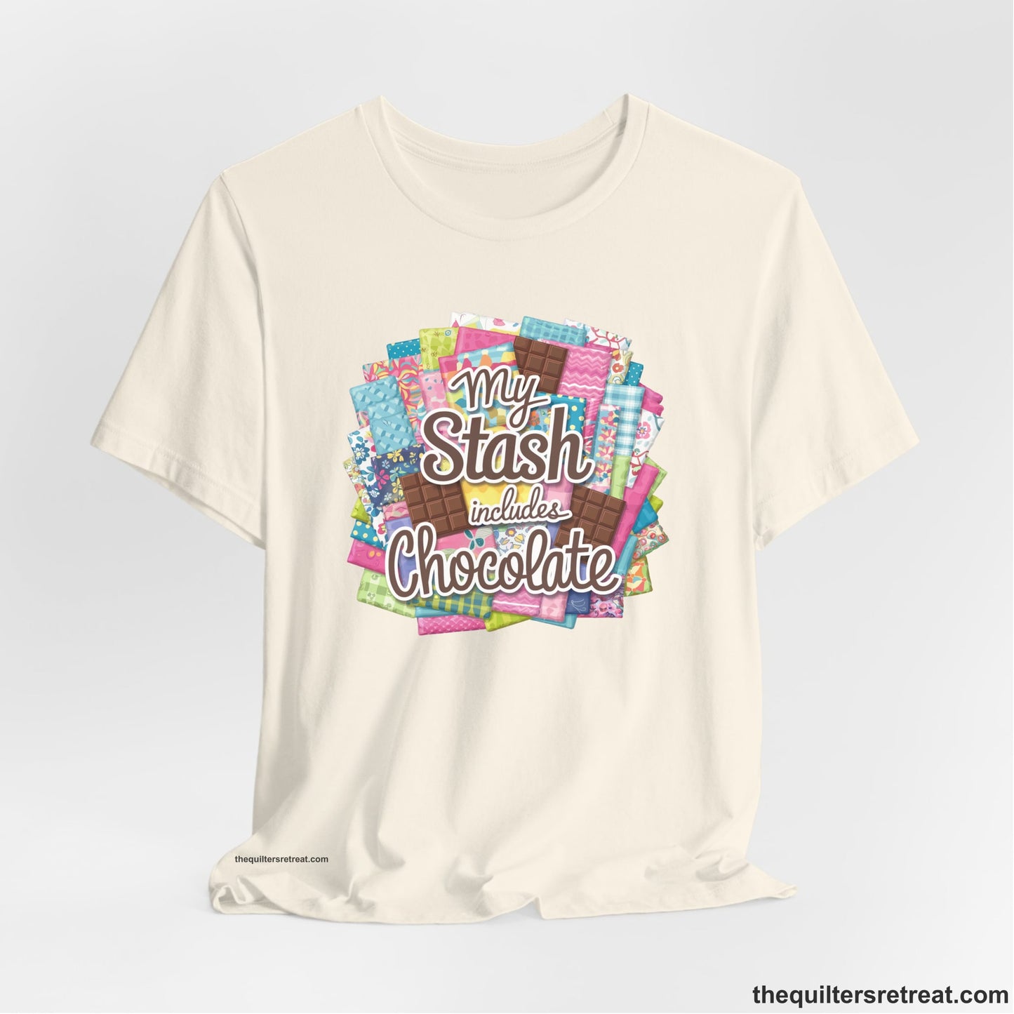 A Natural Short Sleeve T-Shirt with a fabric and chocolate collage with playful "My Stash includes Chocolate" text