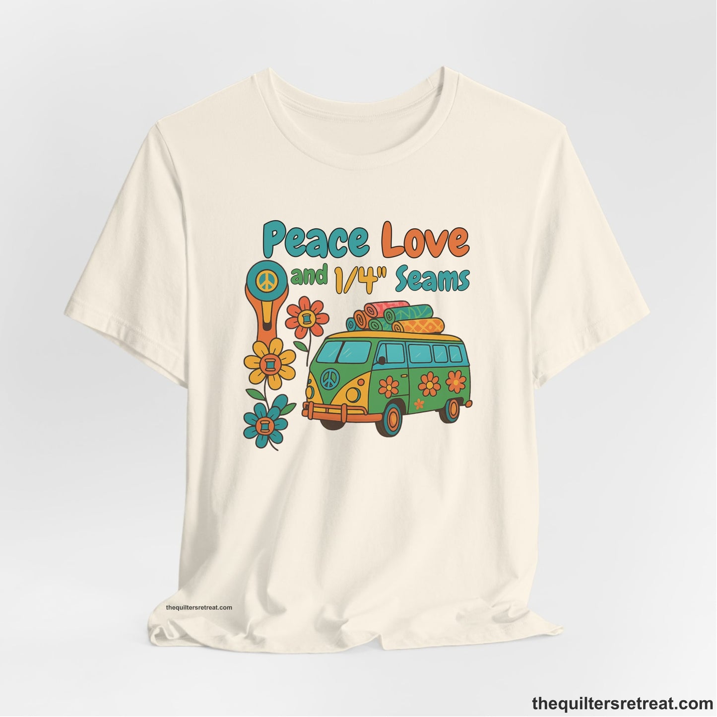 A Natural Short Sleeve T-Shirt with a peace sign van with colorful flowers and "Peace Love and 1/4 Seams" text in retro style