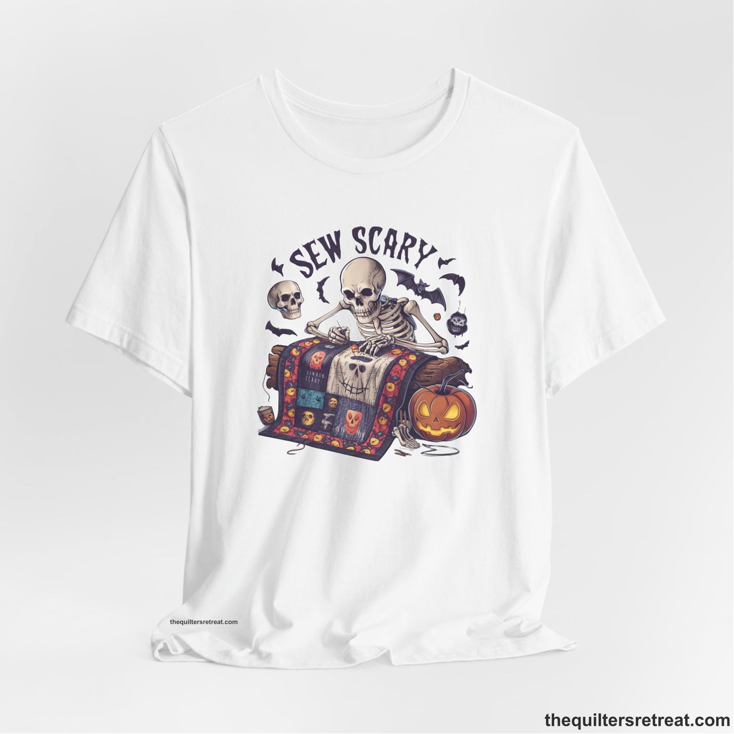 A White Short Sleeve T-Shirt with a skeleton quilting with spooky accents and "Sew Scary" text in a Halloween theme