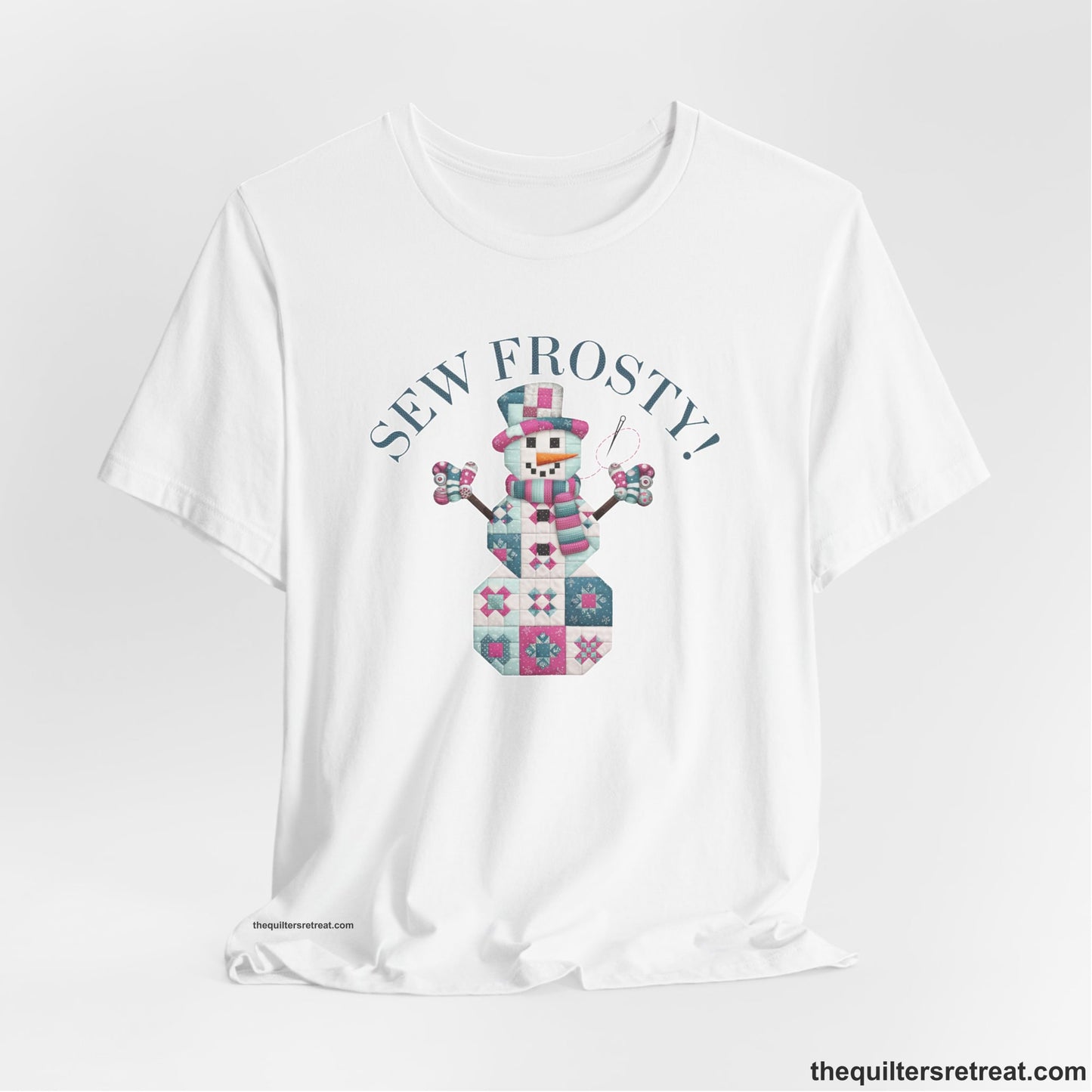 A White Short Sleeve T-Shirt with a snowman quilt pattern with "Sew Frosty!" text in a crafty style