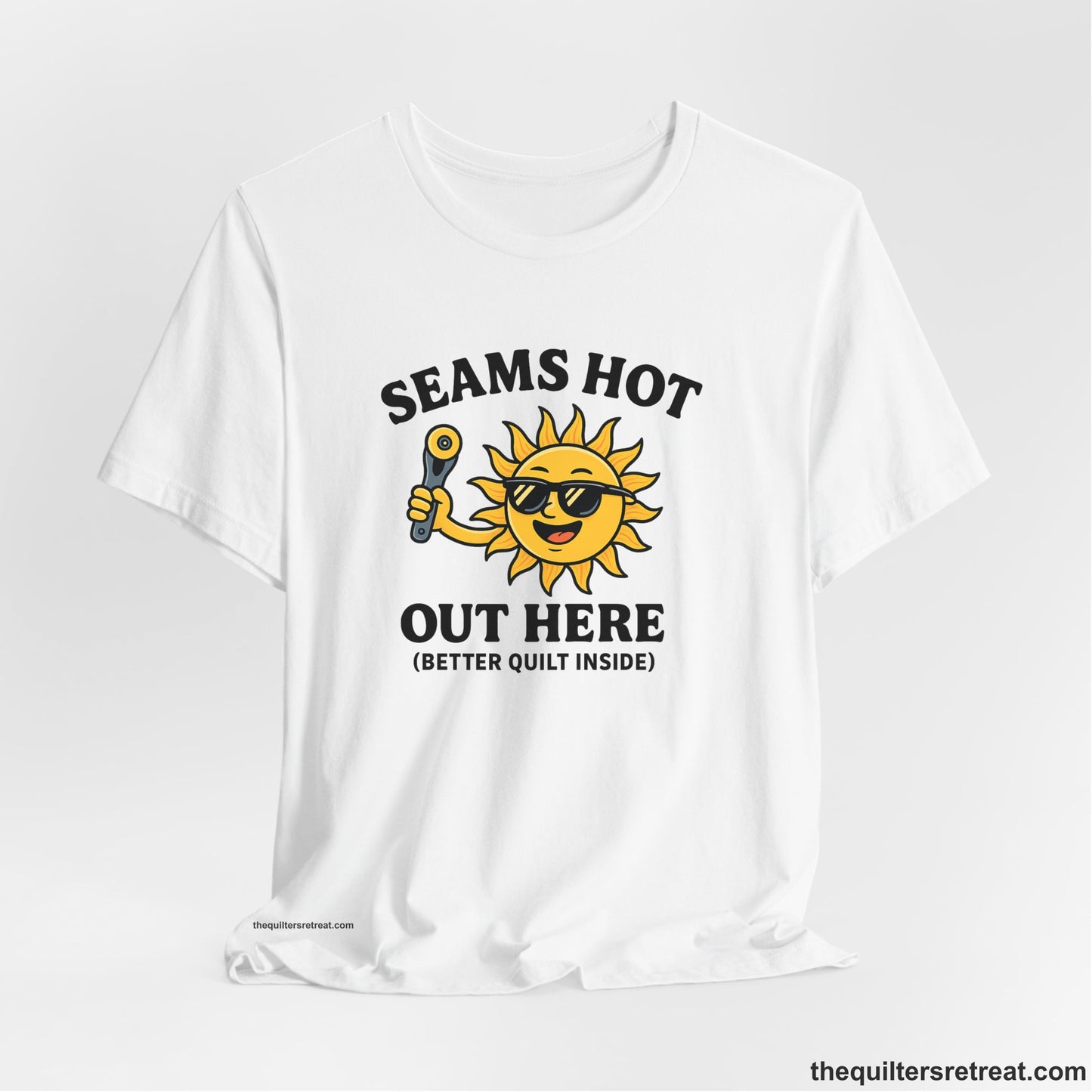 A White Short Sleeve T-Shirt with a smiling sun with sunglasses holding a pizza cutter in a playful cartoon style