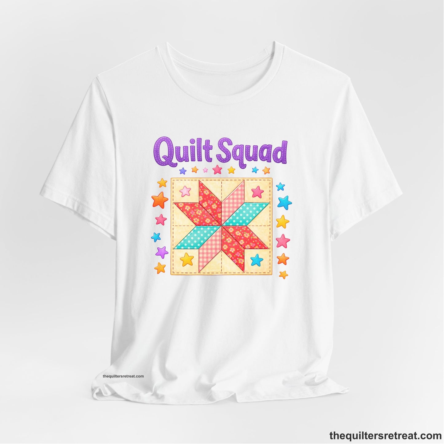 A White Short Sleeve T-Shirt with a Patchwork quilt star with colorful stars, playful mood, "Quilt Squad" text.
