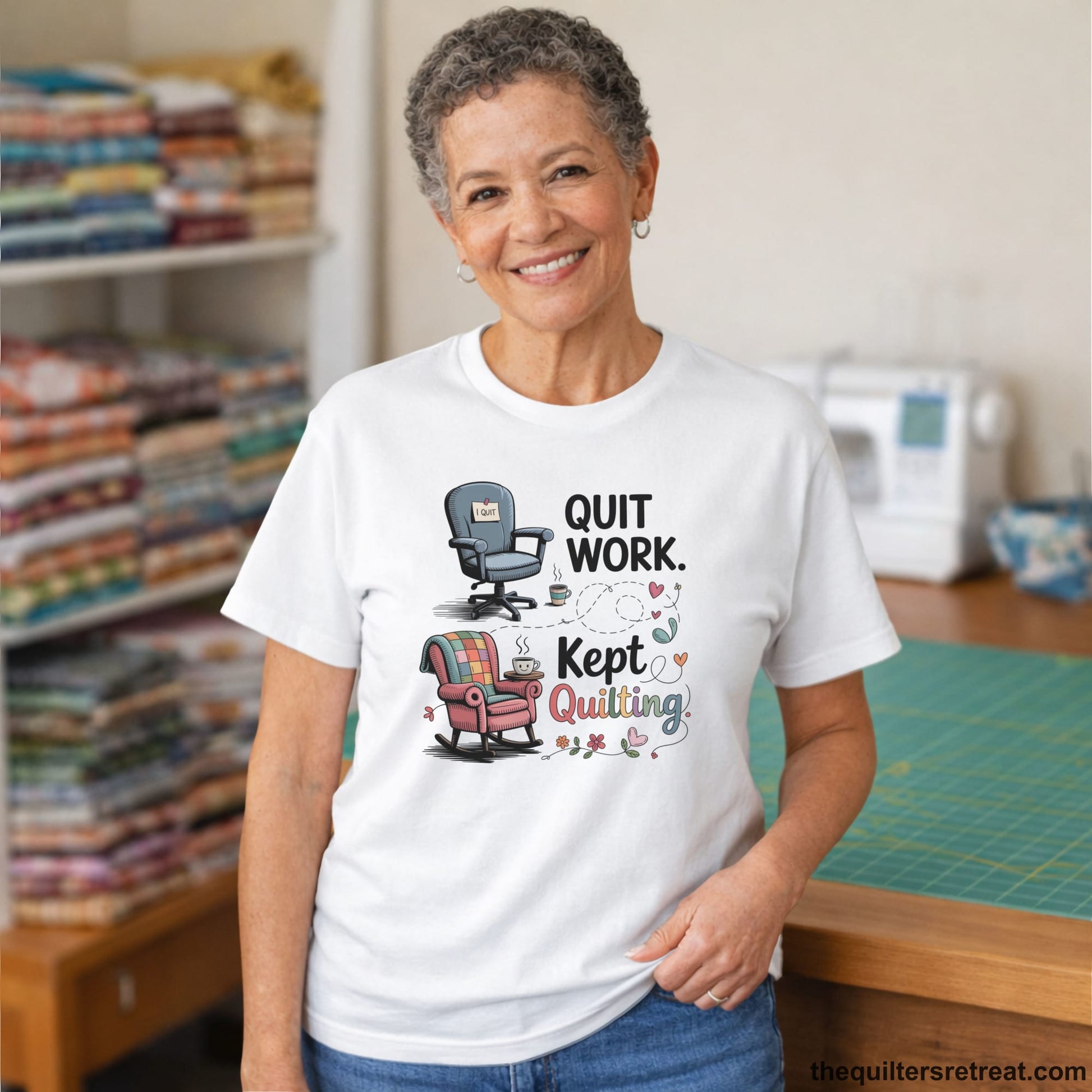 A Short Sleeve T-Shirt with a quit work kept quilting text with cozy chairs and colorful floral accents in a whimsical style